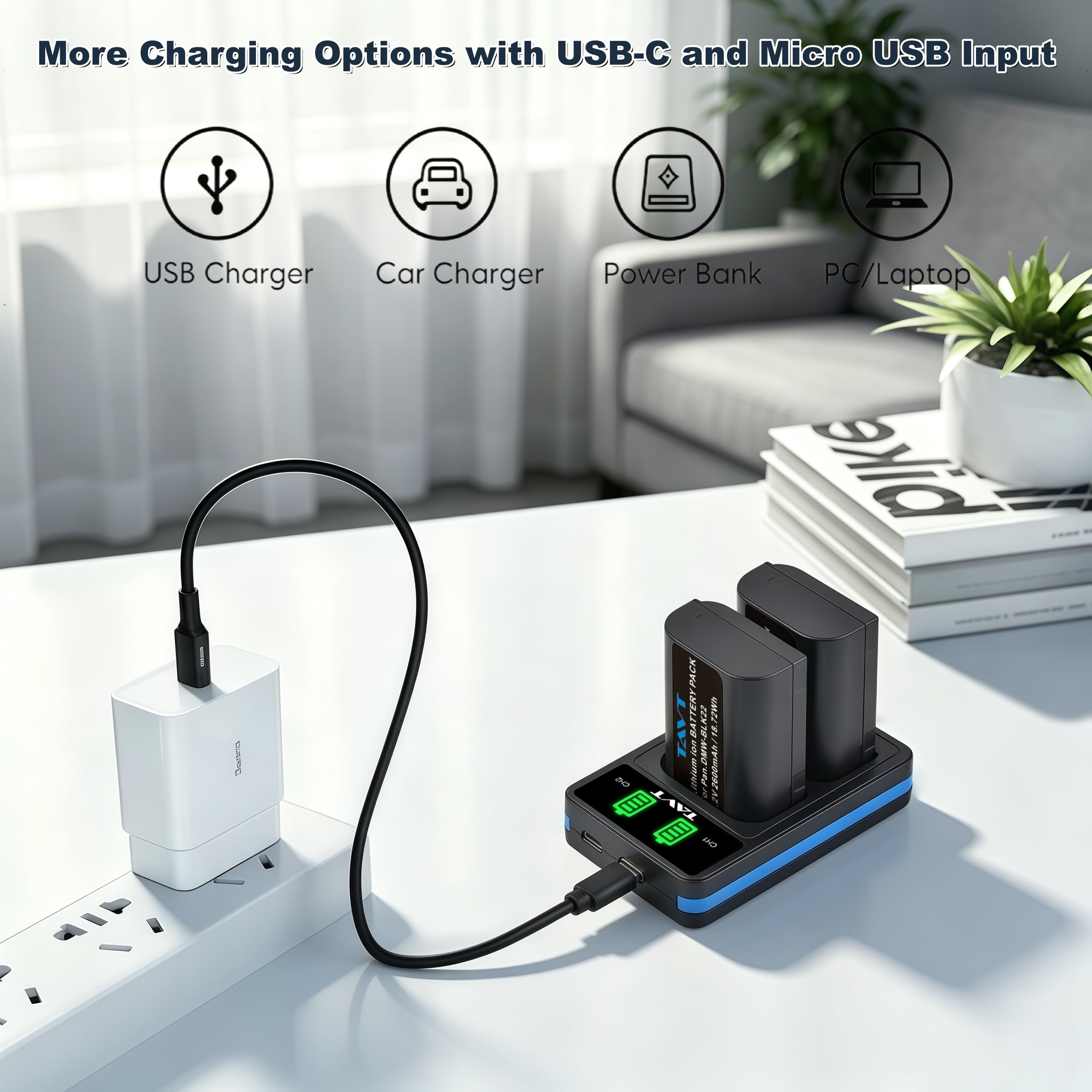 Panasonic Lumix DMW-BLK22 Batterie 2600mAh Chargeur pour DC-S5, S5 II, S5 IIX, S9, GH6, G9, DC-G9 II, GH5 II