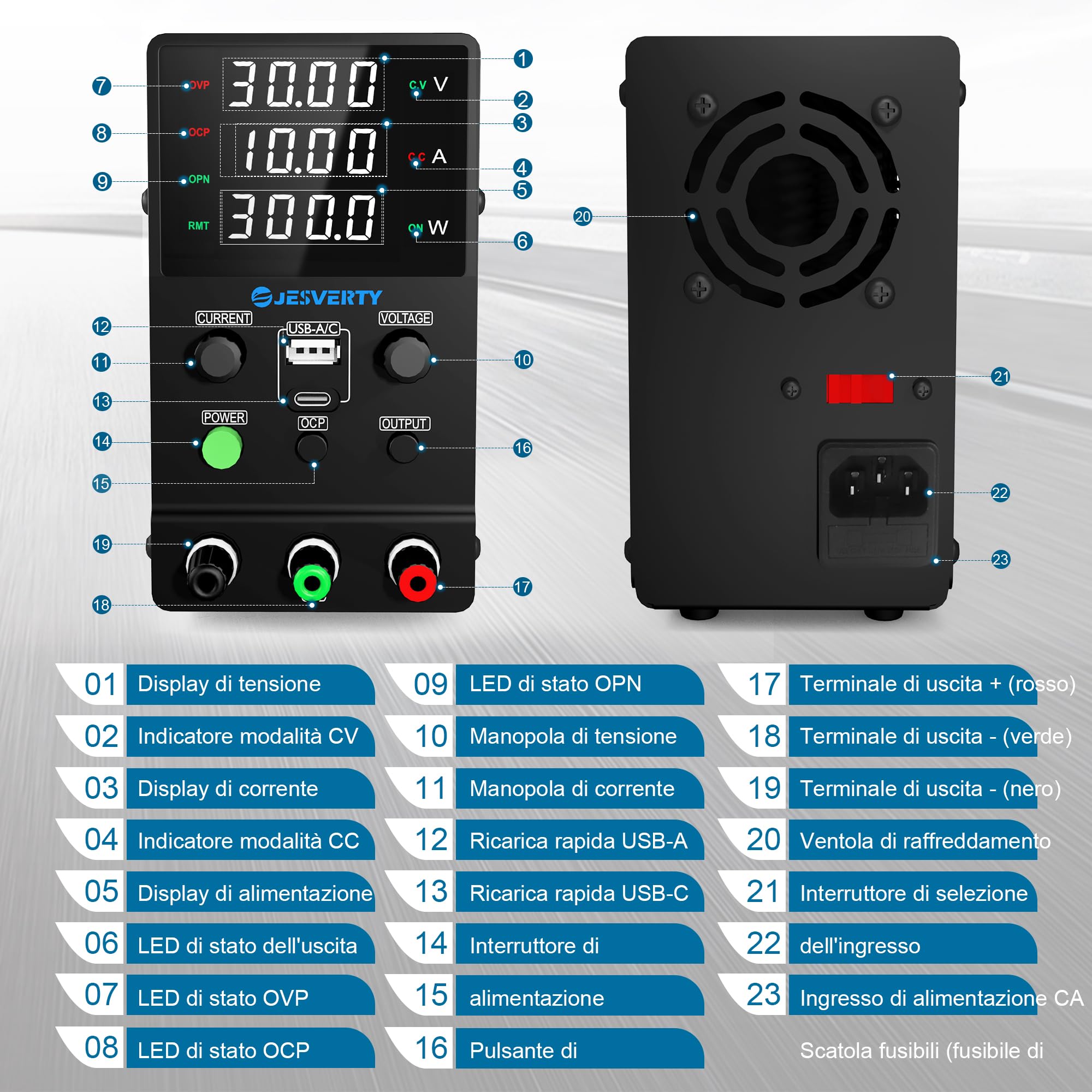 Alimentatore da banco regolabile 0-30V 0-10A SPS-3010M con ricarica rapida USB Type-C 20W