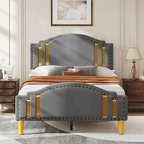 YITAHOME Full Velvet Bed Frame with Adjustable Headboard, Upholstered Headboard and Footboard, Stable Metal Base & Sturdy Wood Slats, No Box Spring Needed Easy Assembly, Grey