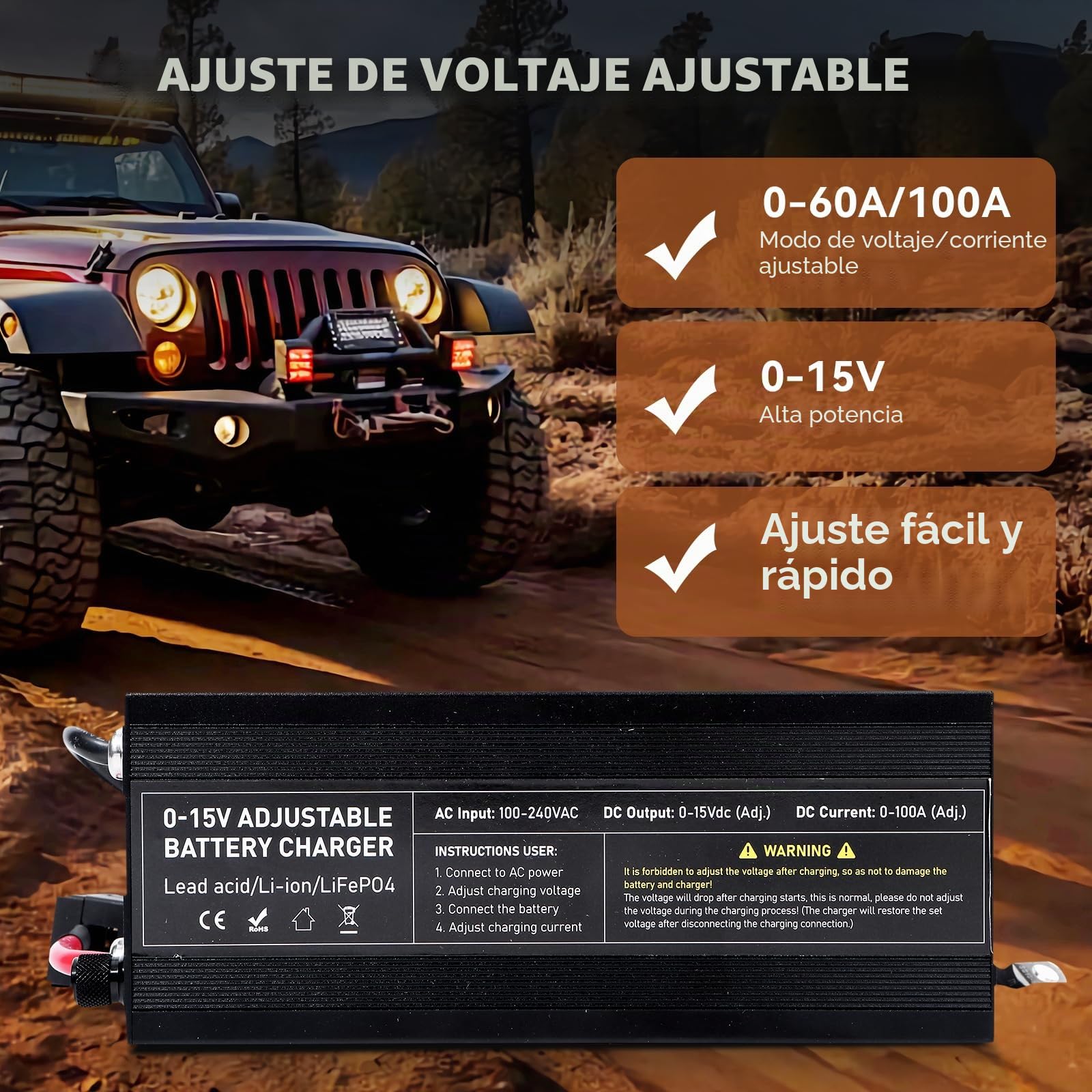 Cargador de Batería LiFePO4 12V/14.6V 60A con Gran Pantalla LED Inteligente, Adecuado como Cargador para baterías de automóvil, Motocicleta, cortacésped, yate y Barco