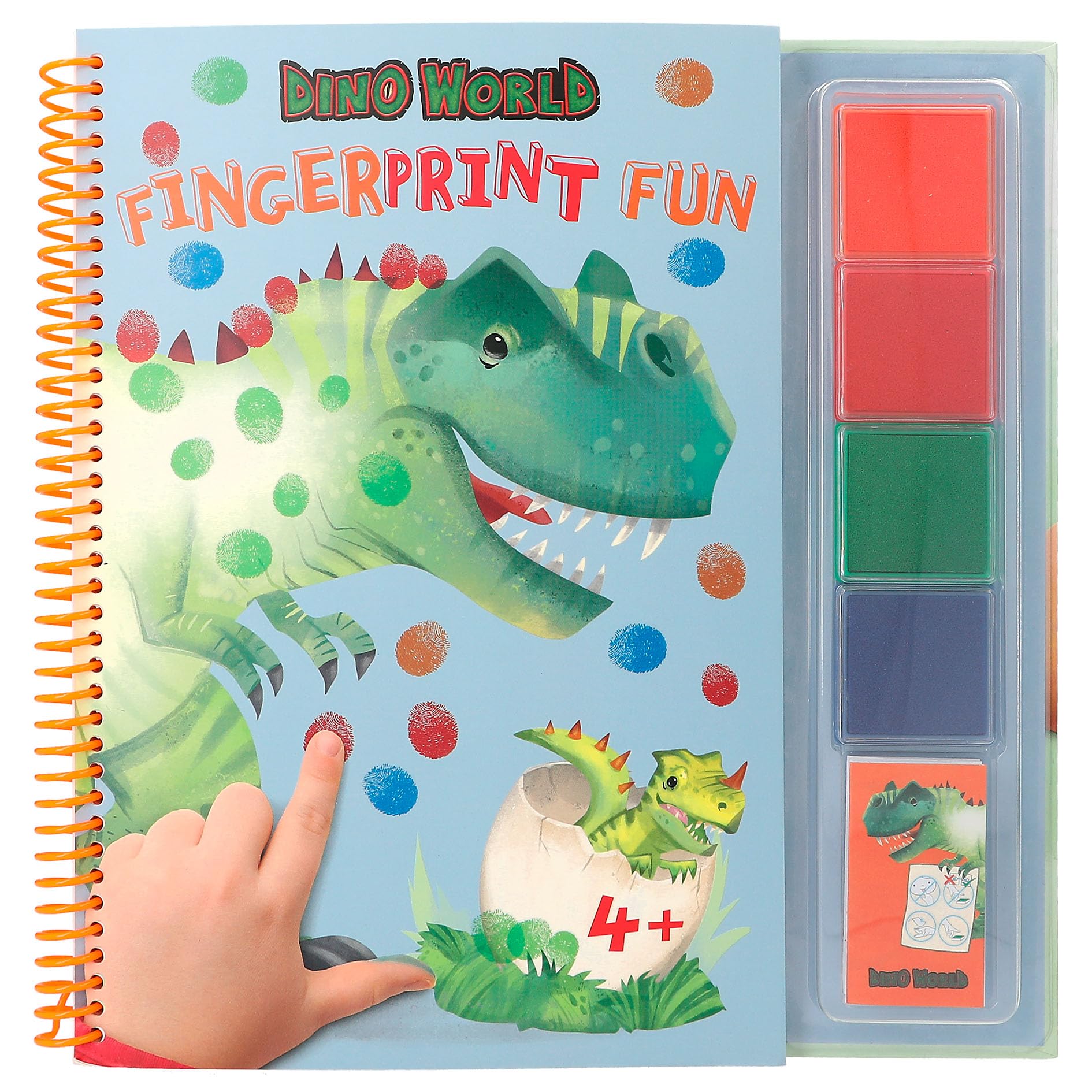 Depesche 12106 Dino World - Fingerprint Fun, Libro para Colorear con 4 Almohadillas de Tinta, los Dedos