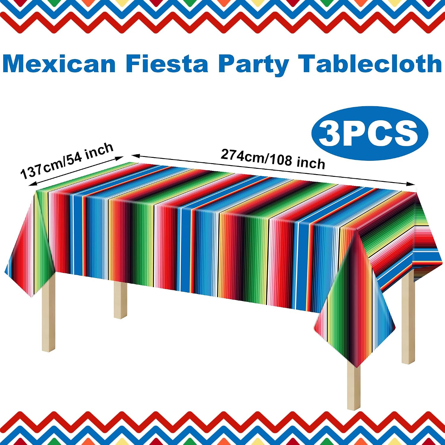 3 PCS Mexican Fiesta Plastic Tablecloth 108 x 54 Inch Disposable Mexican Striped Party Table Cover Waterproof Cinco De Mayo Rectangle Table Cloth for Mexico Fiesta Taco Themed Birthday Party Supplies