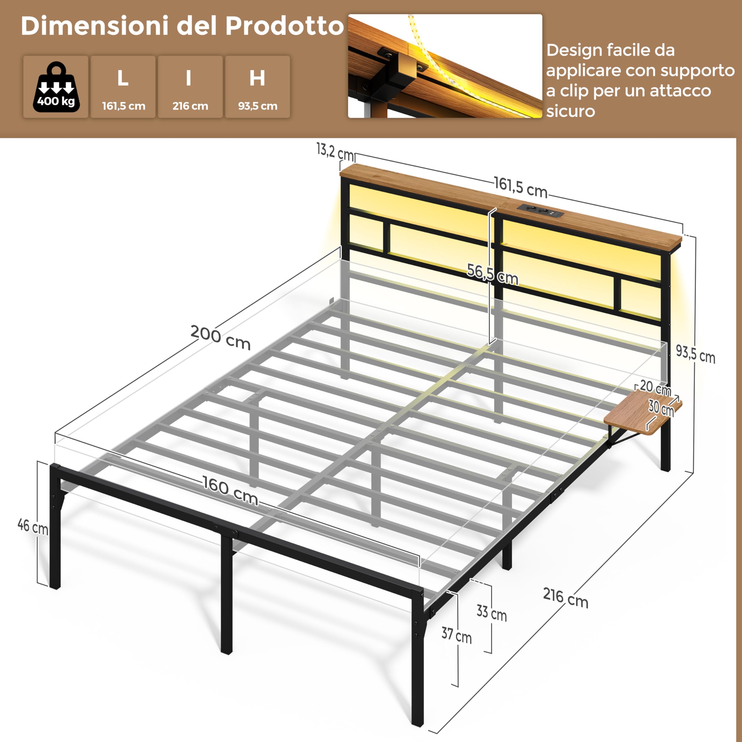 Yaheetech Letto 160 × 200 cm in Metallo, Letto Matrimoniale con Illuminazione a LED e Stazione di Ricarica, Struttura Letto con Testiera in Legno e Rack Laterale, Facile da montare