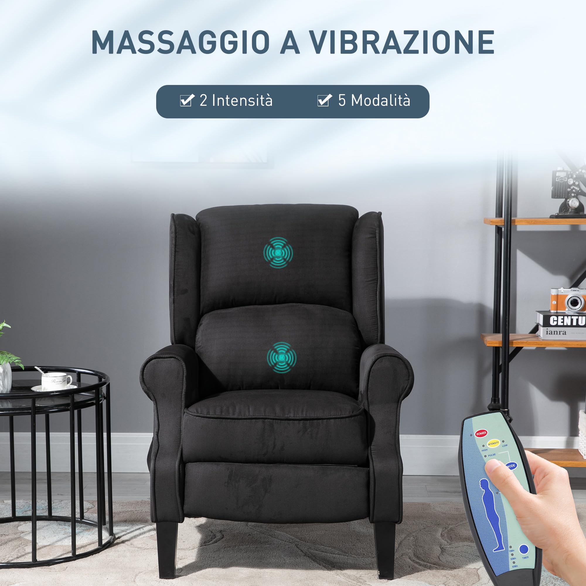 HOMCOM Poltrona Relax Massaggiante Reclinabile con Telecomando Nero | Rivestimento Scamosciato, 78x83x101cm