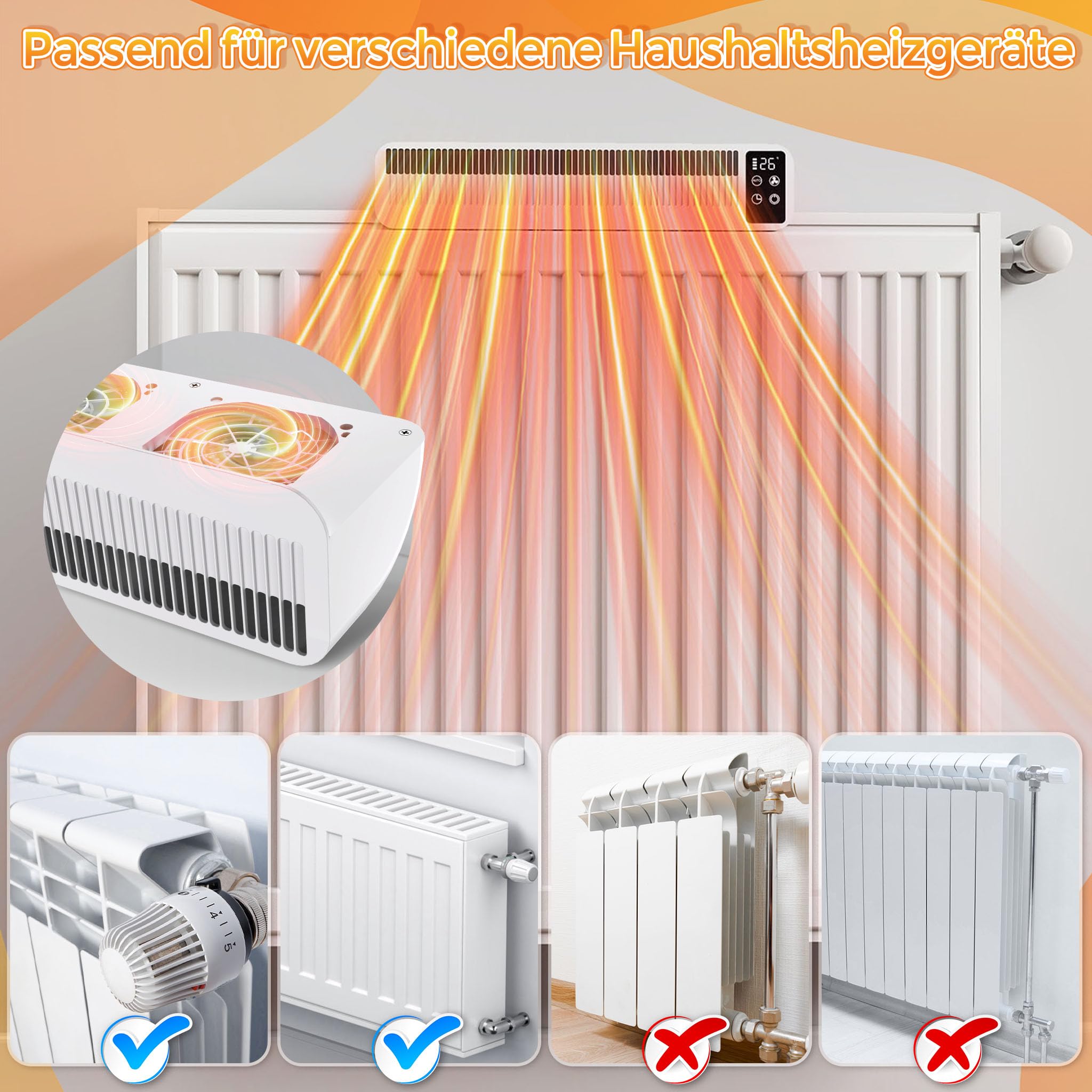 ACXIN Heizkörper Ventilator mit Sensoranzeige & Timer, 3-Stufig Heizungslüfter für Heizkörper und Unterheizungen, Heizkörperventilator leise <45dB, 3W 5V Heizungslüfter mit 1.5M Kabel