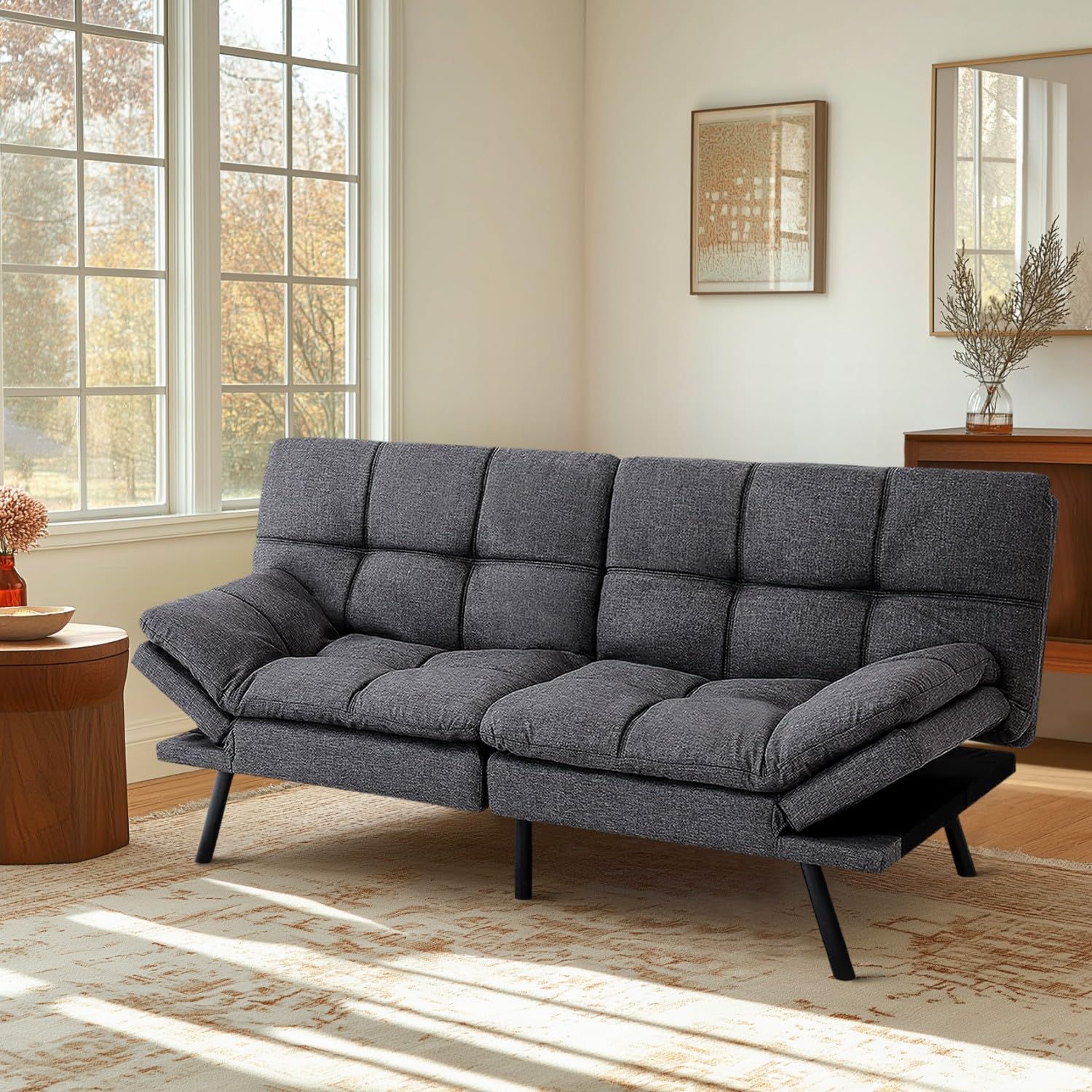 MUUEGM Futon Sofa Bed 71" Gunmetal Convertible Memory Foam Futon Couch Bed Modern Loveseat Sleeper with Adjustable Backrests Armrests for Living Room,Small Space,Office