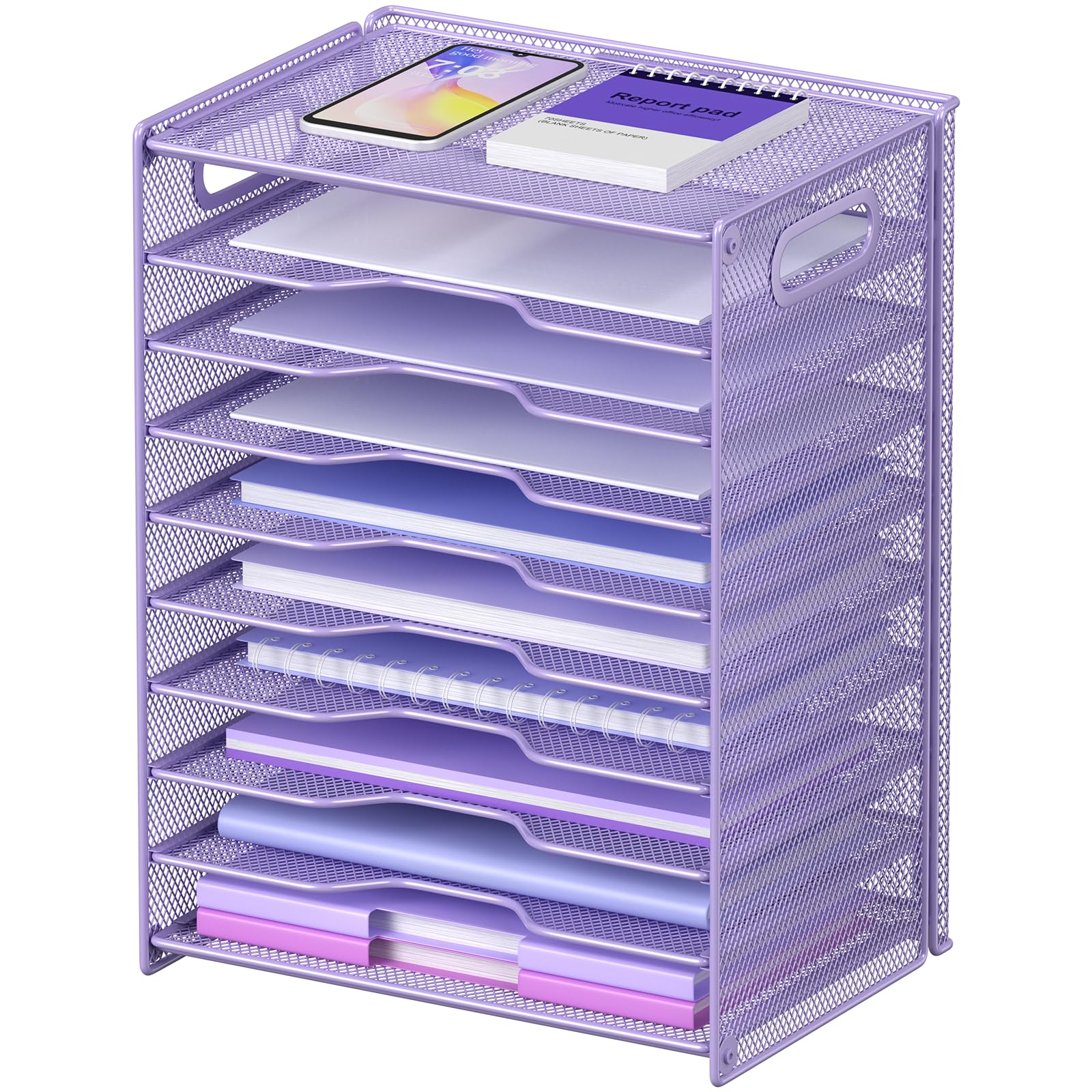 OUTWOLF 10 Tier Paper Organizer - Letter Tray Mesh Desk File Organizer with Handles for Office School Desktop, Purple