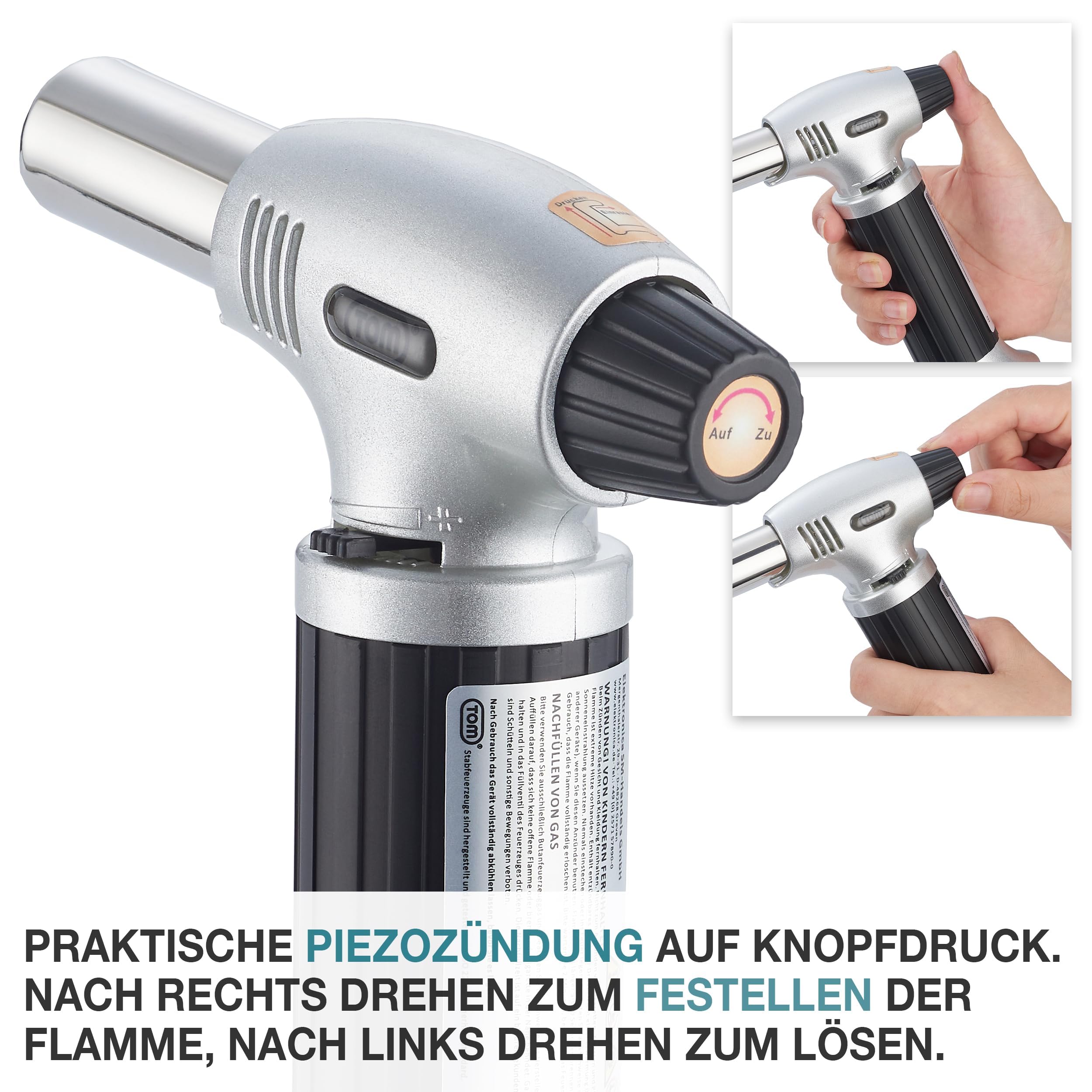 TOM Creme Brulee Brenner - MIT Gas befüllt – inkl. 1 x 100 ml Gas Kartusche zum Nachfüllen – Bunsenbrenner mit 1300°C Flamme – Küchenbrenner , Camping & Werkstatt – Flambierbrenner Küche