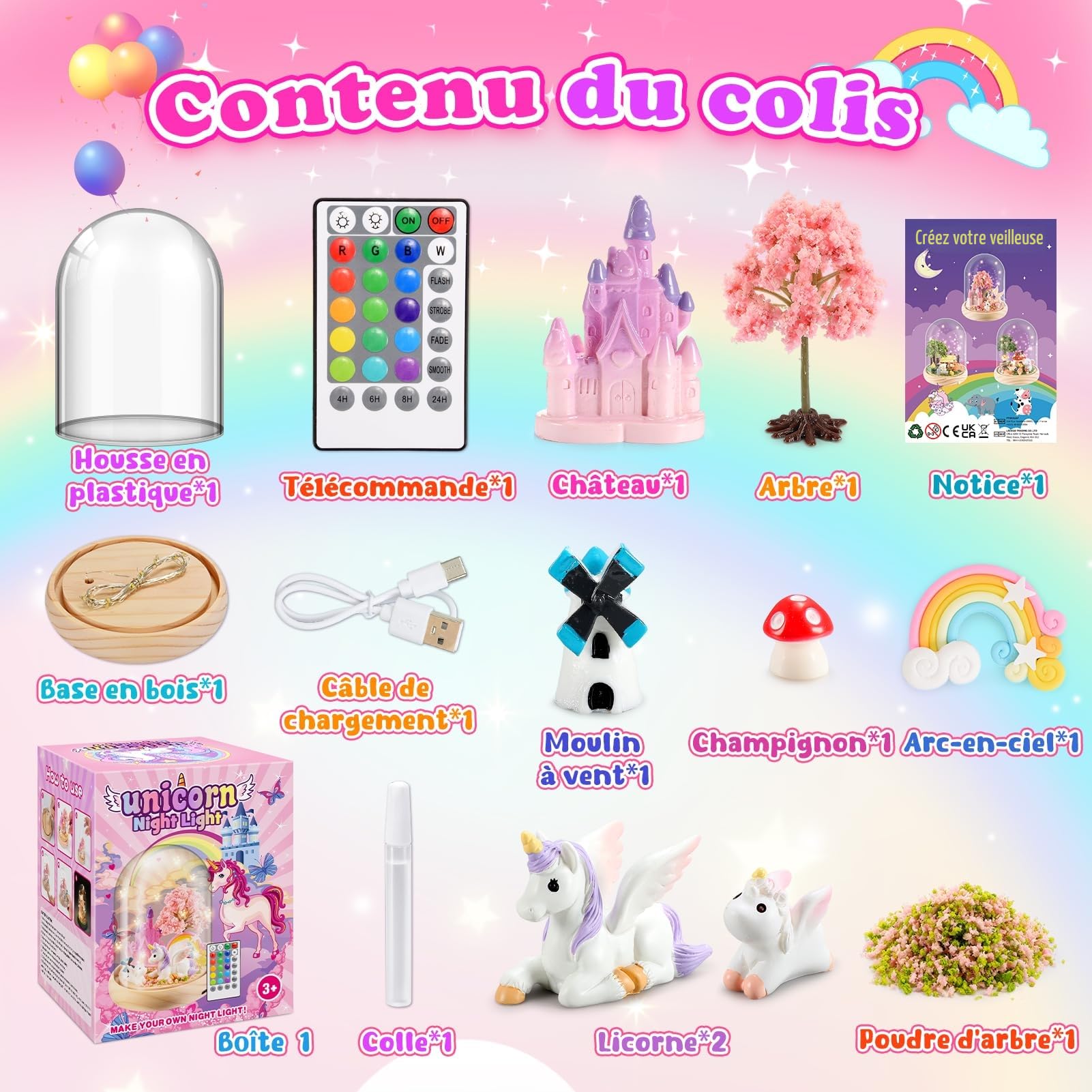 Dislocati Veilleuse Créative pour Enfants, 16 Couleurs + 4 Modes D'éclairage, Cadeau Licorne pour Les Filles de 3 à 10 Ans