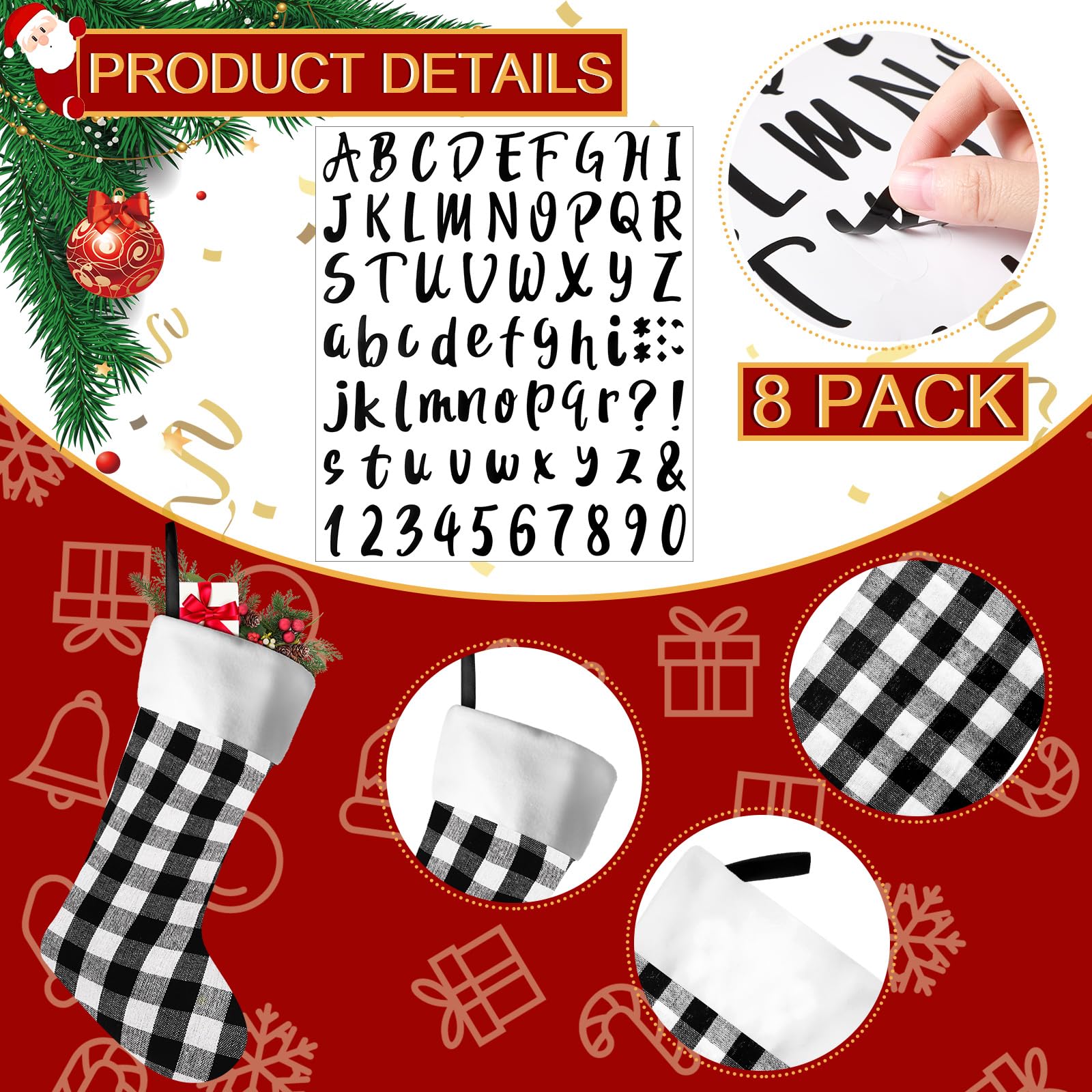 Tatuo Lot de 12 chaussettes de Noël en toile de jute de 43,2 cm, décorations de Noël à suspendre avec 4 feuilles d'autocollants en vinyle avec lettres noires (noir, rouge, noir et blanc)