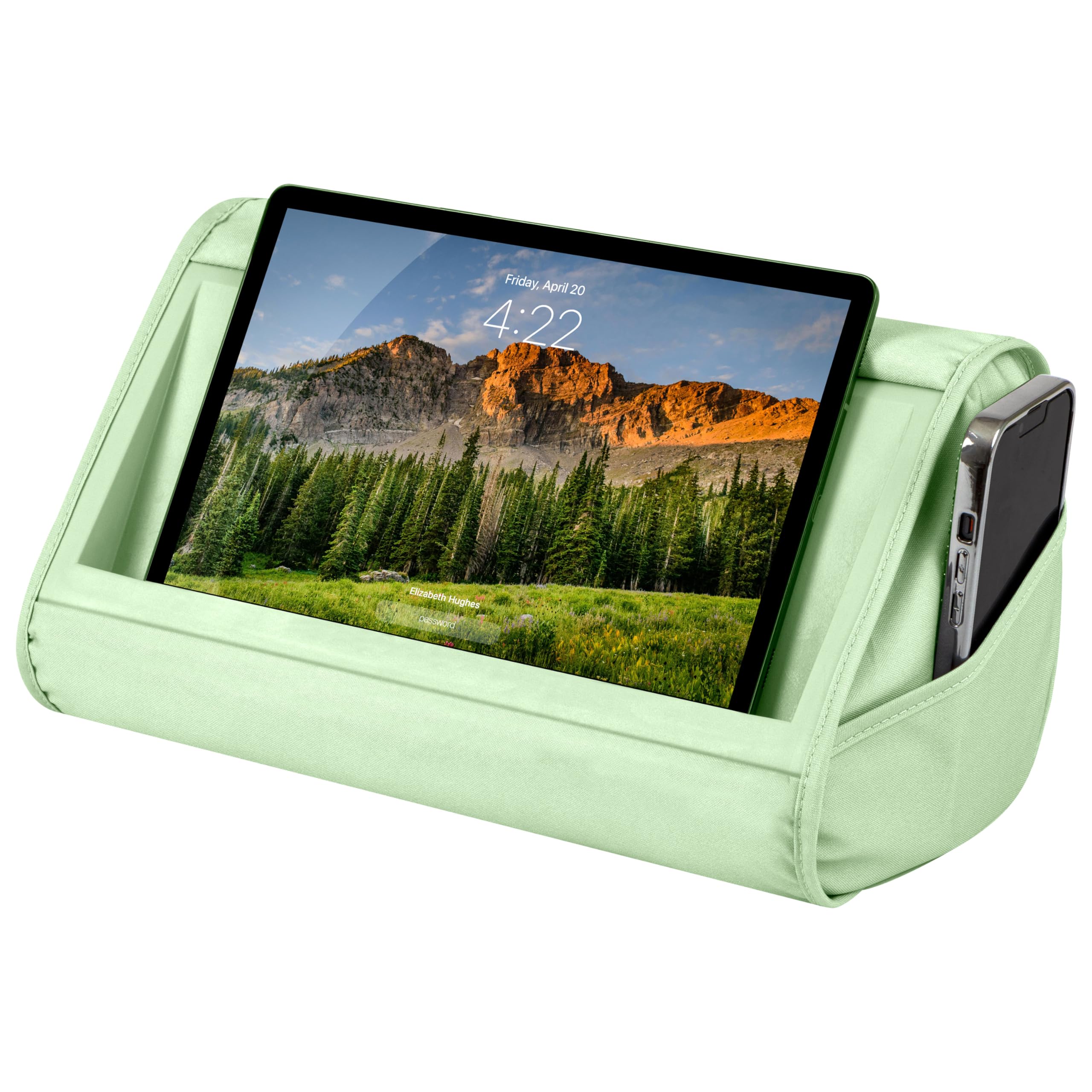 LAPGEAR Tablet-Ständer – Platz für iPad, Galaxy Tabs, Kindle, E-Reader und Handys, gepolsterter Ständer mit Aufbewahrungstasche und Griff, Salbeigrün, Stil Nr. 33101