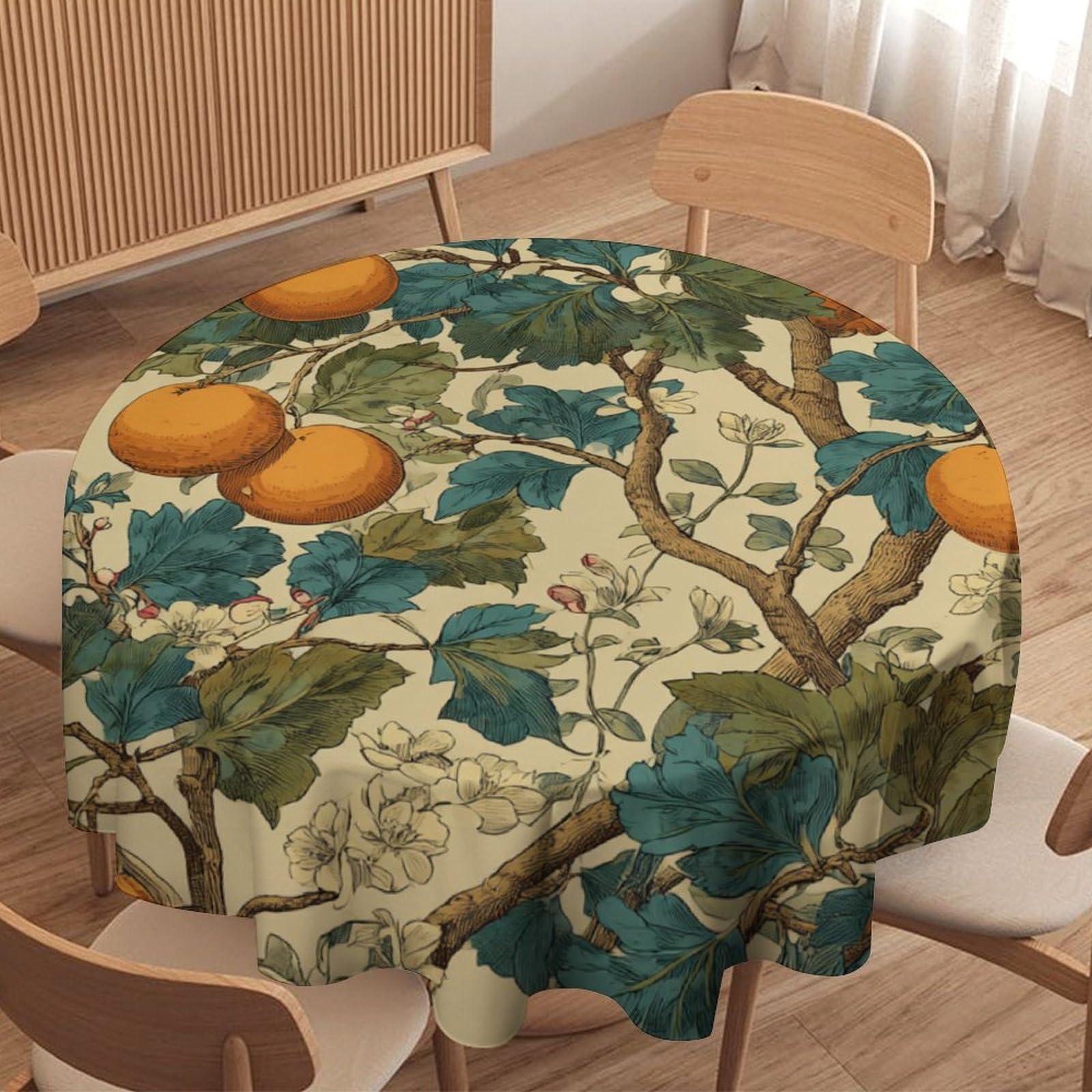 LUYYSKY Funny Watercolor Fruit Oranges Round Tablecloth Mid Century William Morris Botanical Floral Oranges Pattern Washable Decor for Table Cover for Kitchen-177.8" Wx177.8 L cm