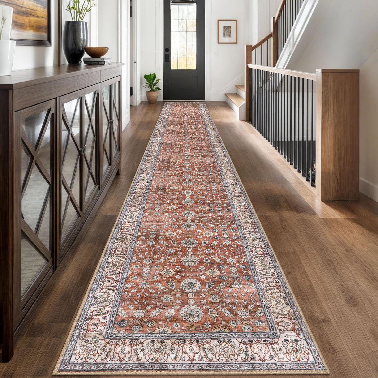 KUTA Vintage Washable Long Runner Rug, 2.6x18 Terracotta Runners for Hallways Non-Slip Kitchen Rugs Ultra Thin Soft Printed Distressed Floral Floor Carpet for Laundry Bedroom Living Room Nursery — image 1