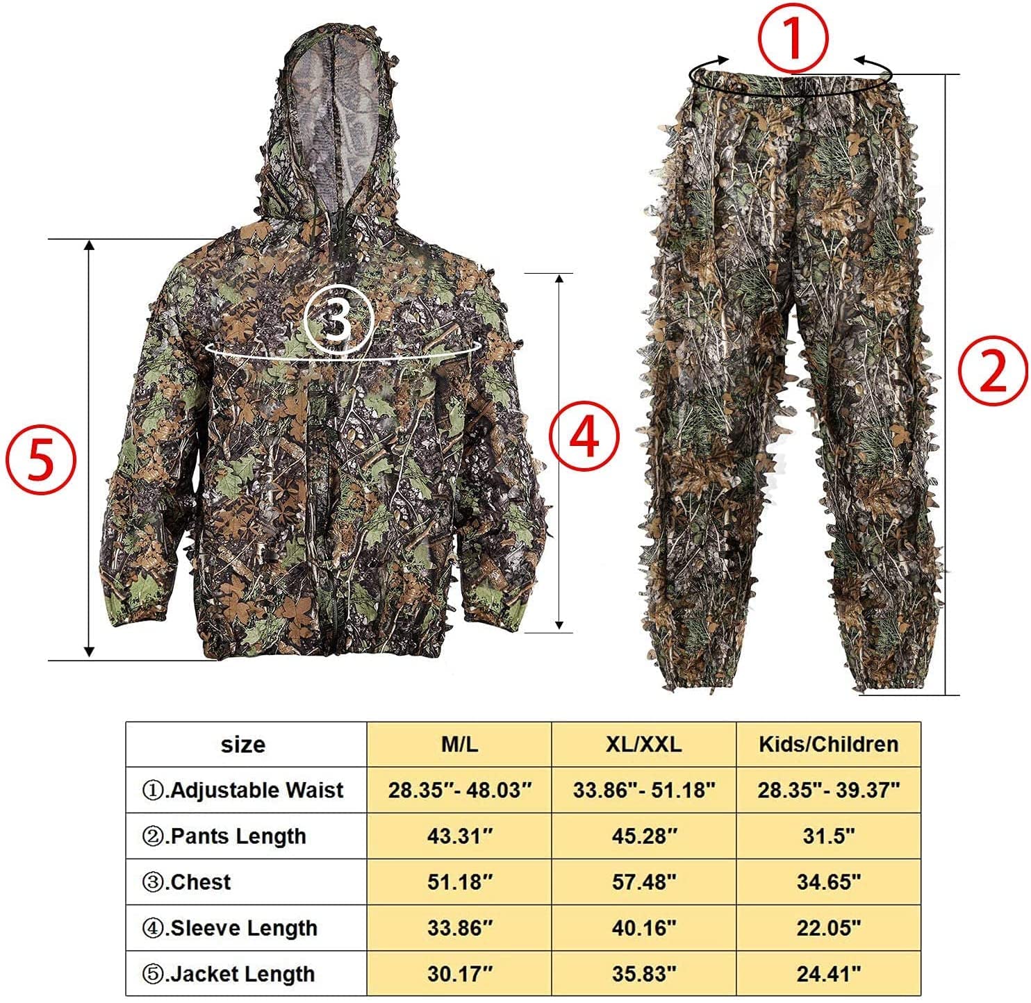 3D Ghillie Suit, Tarnanzug Dschungel Camouflage Bionic Design leicht Blättern Tarn Kleidung Hose Jacke Set mit Kappen für Jagd Airsoft Outdoor Militär Verdeckt