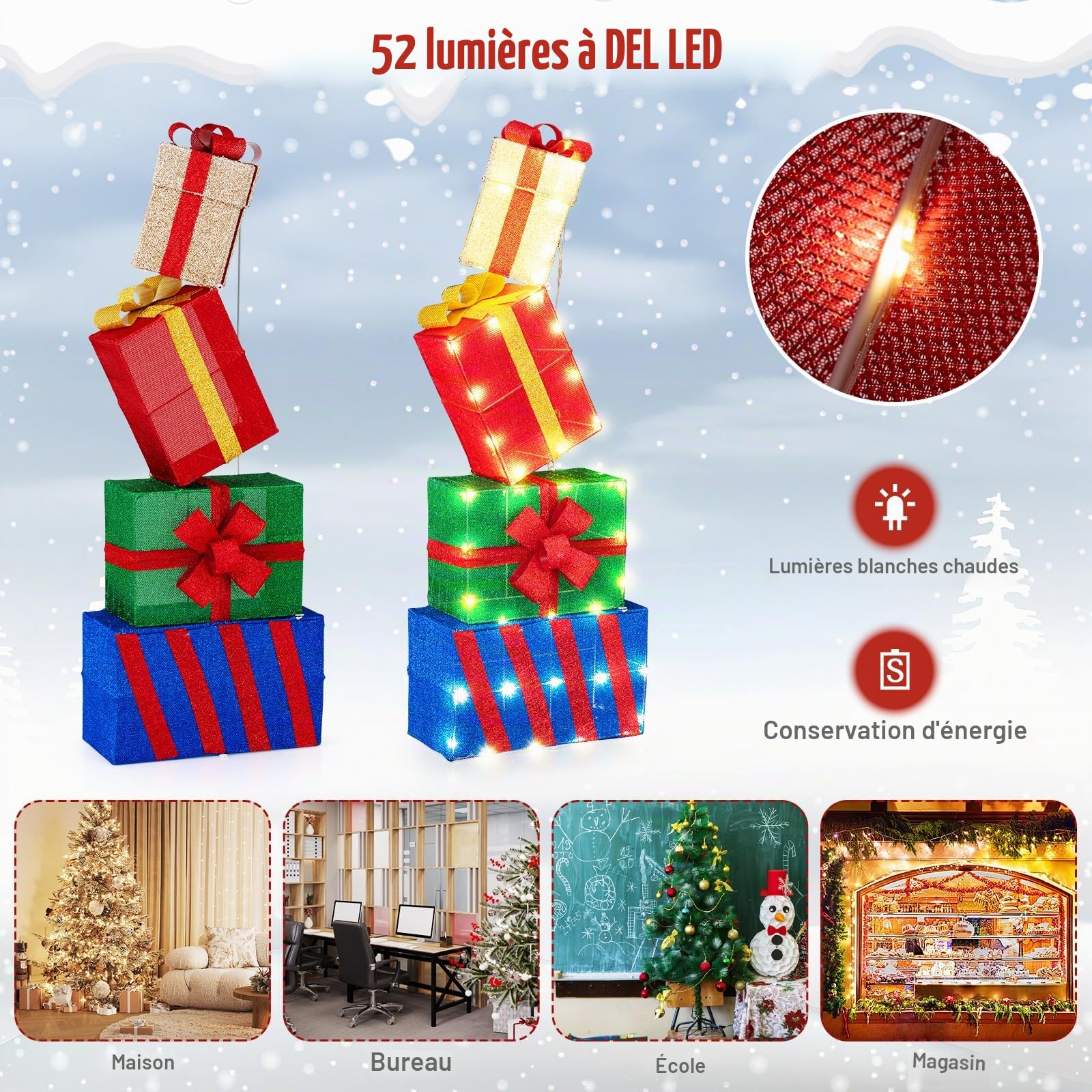GOPLUS 120 cm Boîtes Cadeaux Noel Lumineuses, Décorations Noël Interieur Exterieur avec 48 Lumières LED, Nœuds, Boîtes Cadeaux Empilées pour Cour, Porche, Jardin, Cheminée