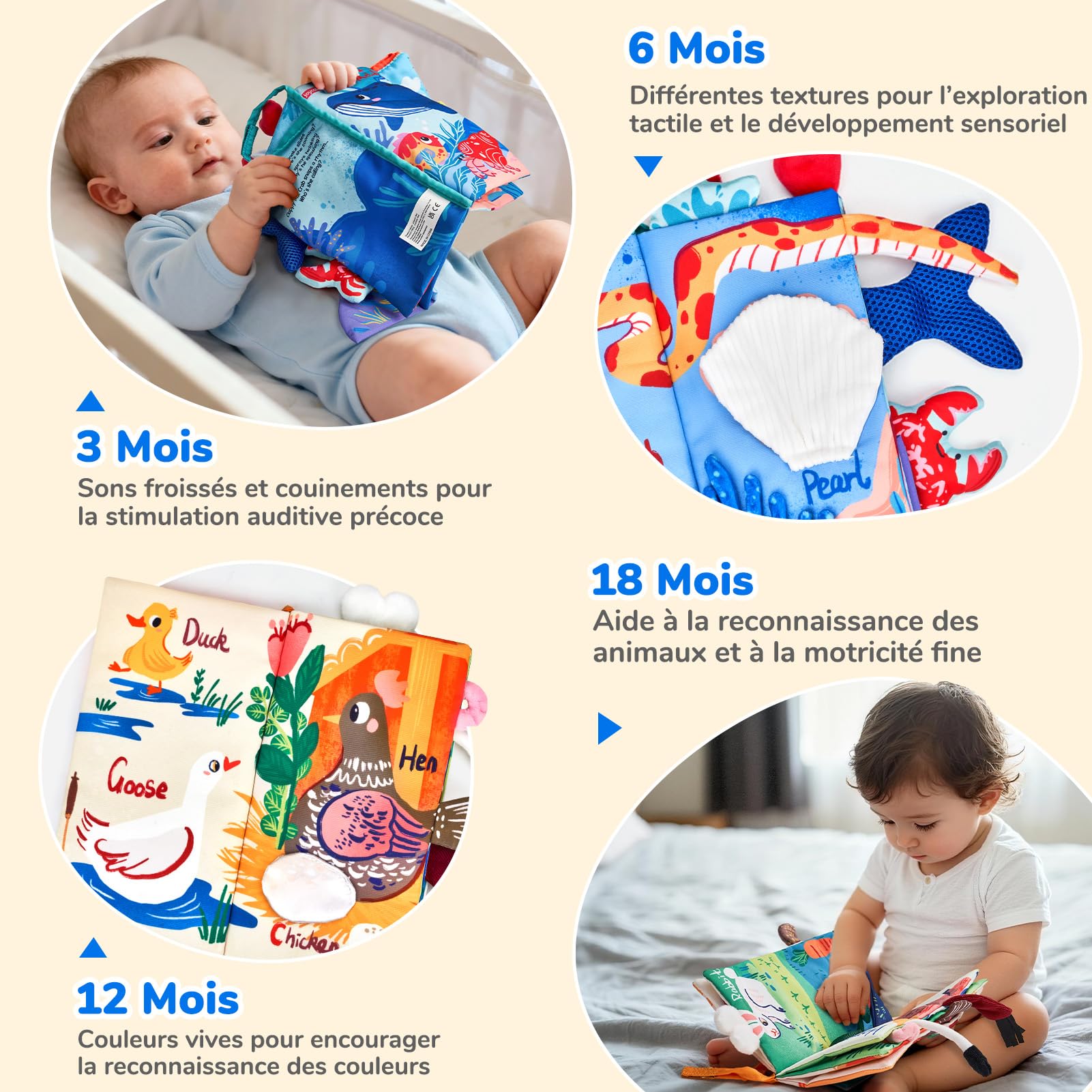 JoyCat Livre Tissu Bébé Eveil, Jouet Eveil Bebe 0-3-6 Mois Livre Sensoriel Bébé Cadeau Naissance Fille Garçon, Livres Doux Froissé avec des Animaux