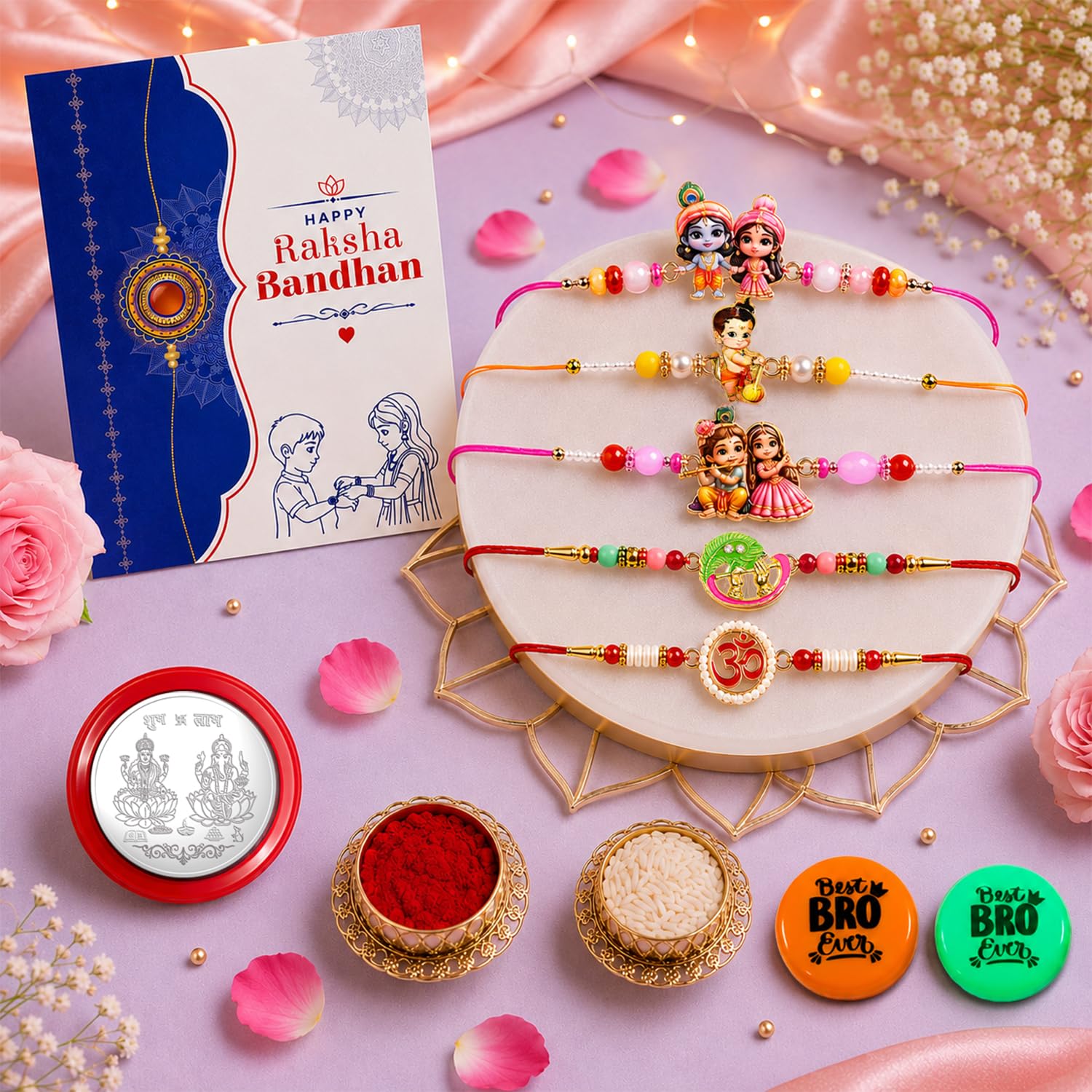 Oblivion Rakhi Set for Brother (Set of 5) – Designer Stylish Colorful Rakhi Combo with Roli Chawal, Silver Color Pooja Coin, Multicolour Magnets & Greeting Card – Raksha Bandhan Gift Hamper for Bhai