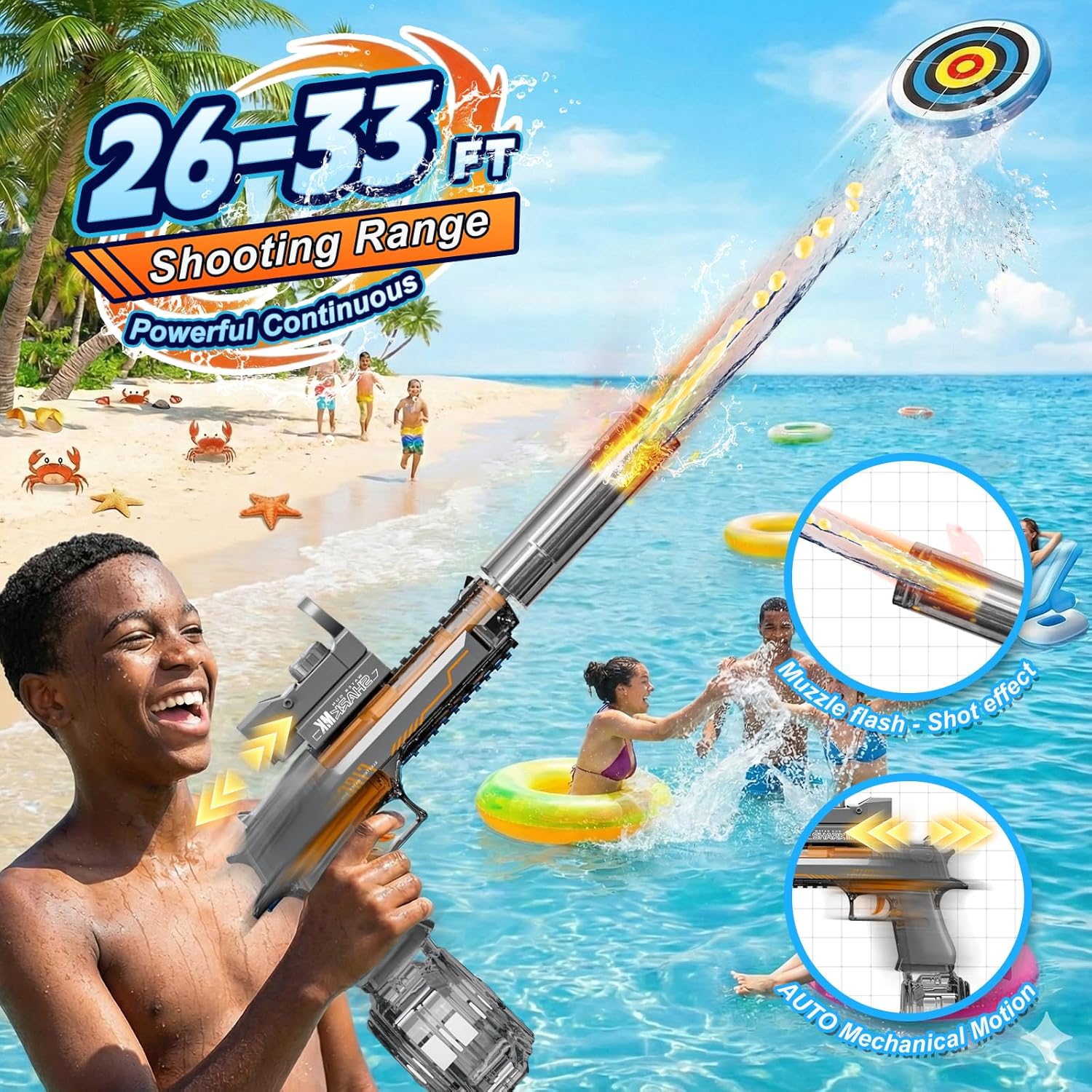 Electric Water Gun for Adults Kids, Automatic WaterGun with Led Light, Long Range Transparent Electric Squirt Gun Blaster Summer Outdoor Pool Party Toys Gifts for Boys Girls (Black)