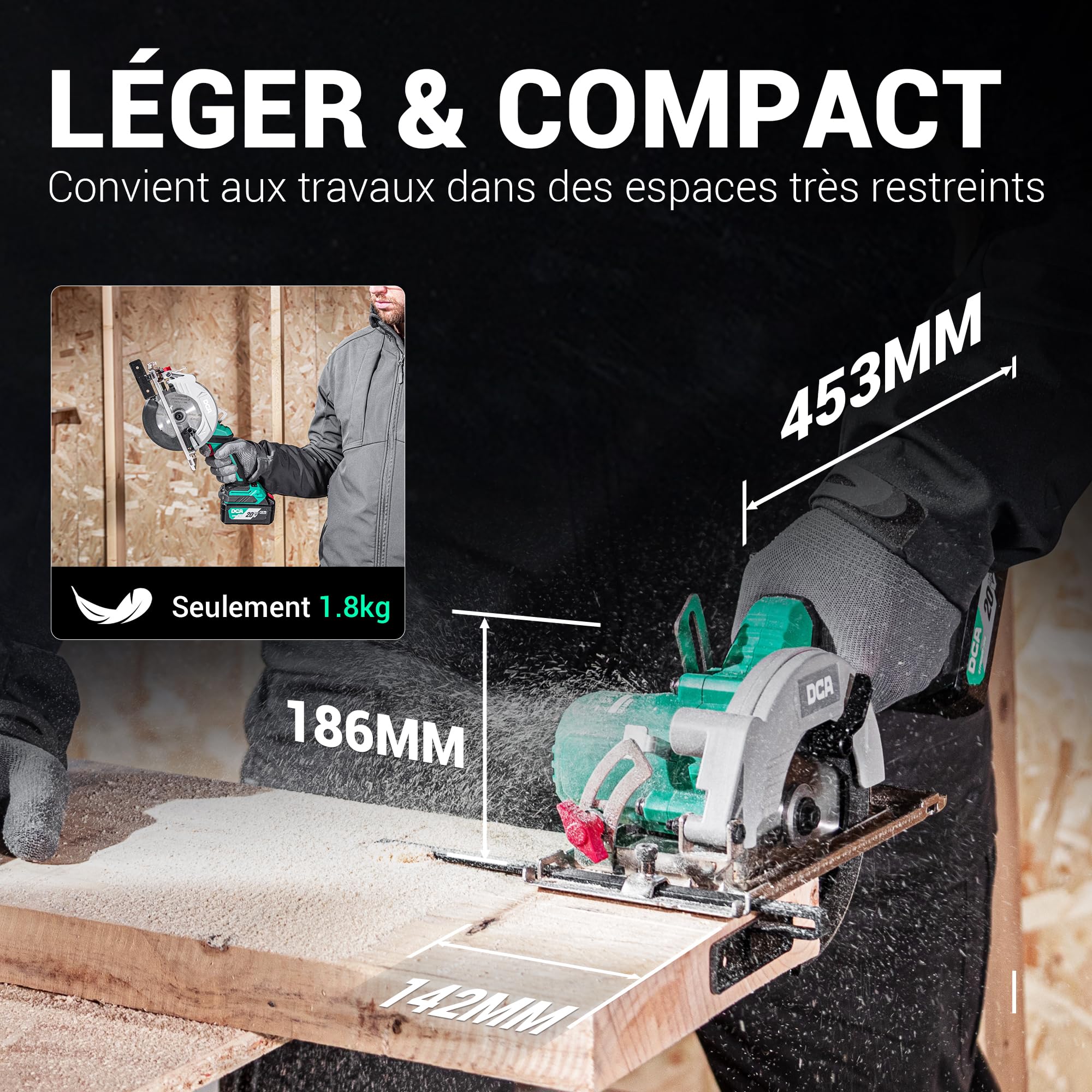 DCA Scie Circulaire Mini Sans Fil Avec 2 Vitesses 6700/4200 RPM, 20V 4,0Ah Batterie, 3 Lames Ø125mm et Rail Guide, Profondeur Coupe 45mm(90°)/33mm(45°), pour Bois, Plastique, PVC