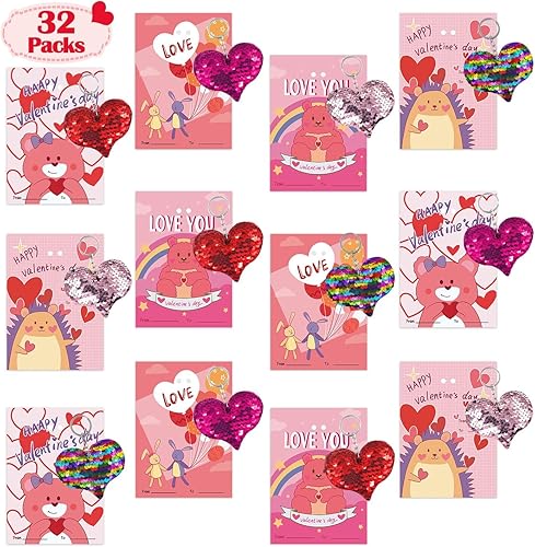 PARTYWIND Tarjetas de San Valentín para el aula de niños, 32 tarjetas de regalo del día de San Valentín + 32 llaveros con purpurina, regalos de