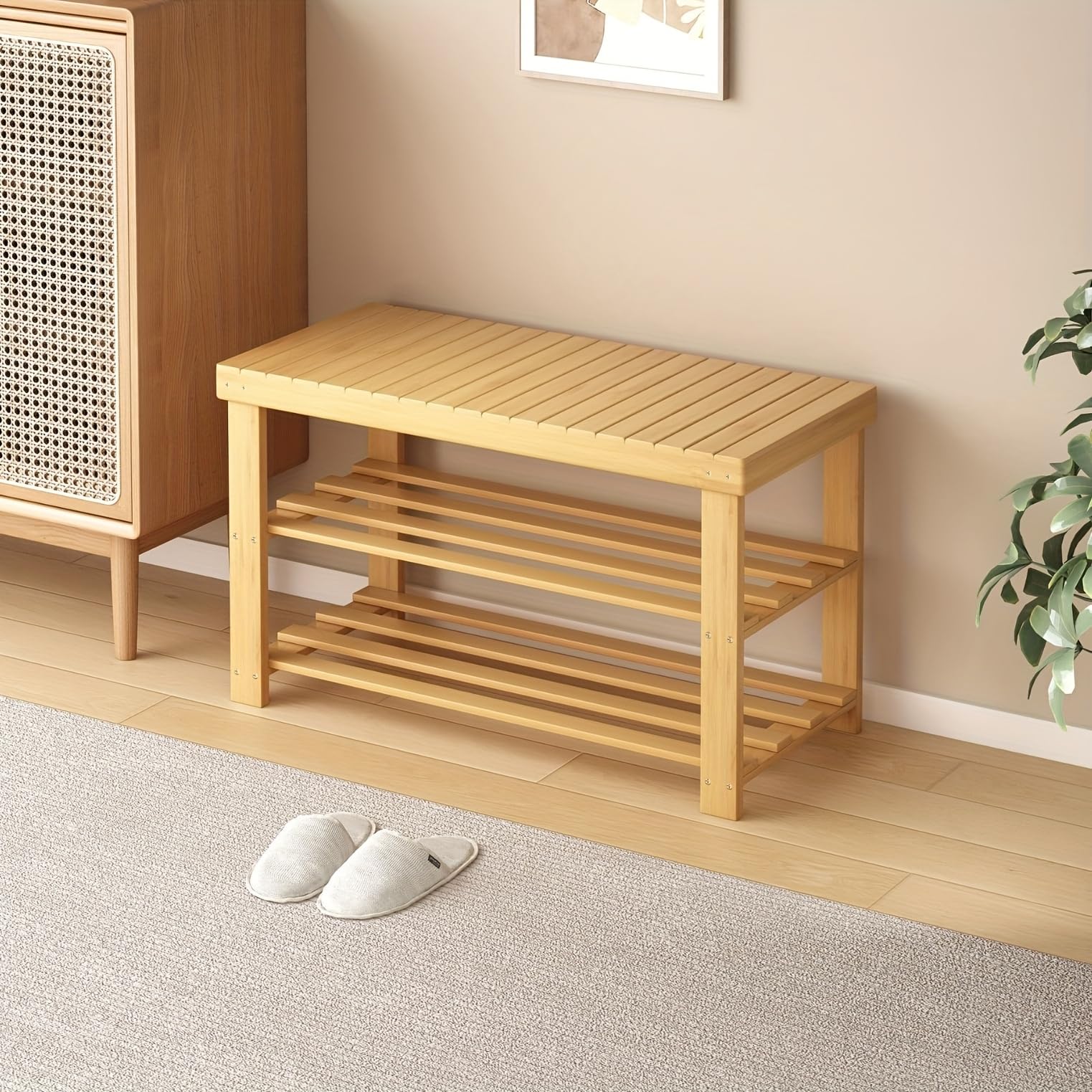 Delavala Shoe Rack Bench for Entryway, 3-Tier Bamboo Shoe Rack Shoe Organizer Entryway Shoe Rack for Bedroom Balcony Entryway Entrance, Natural