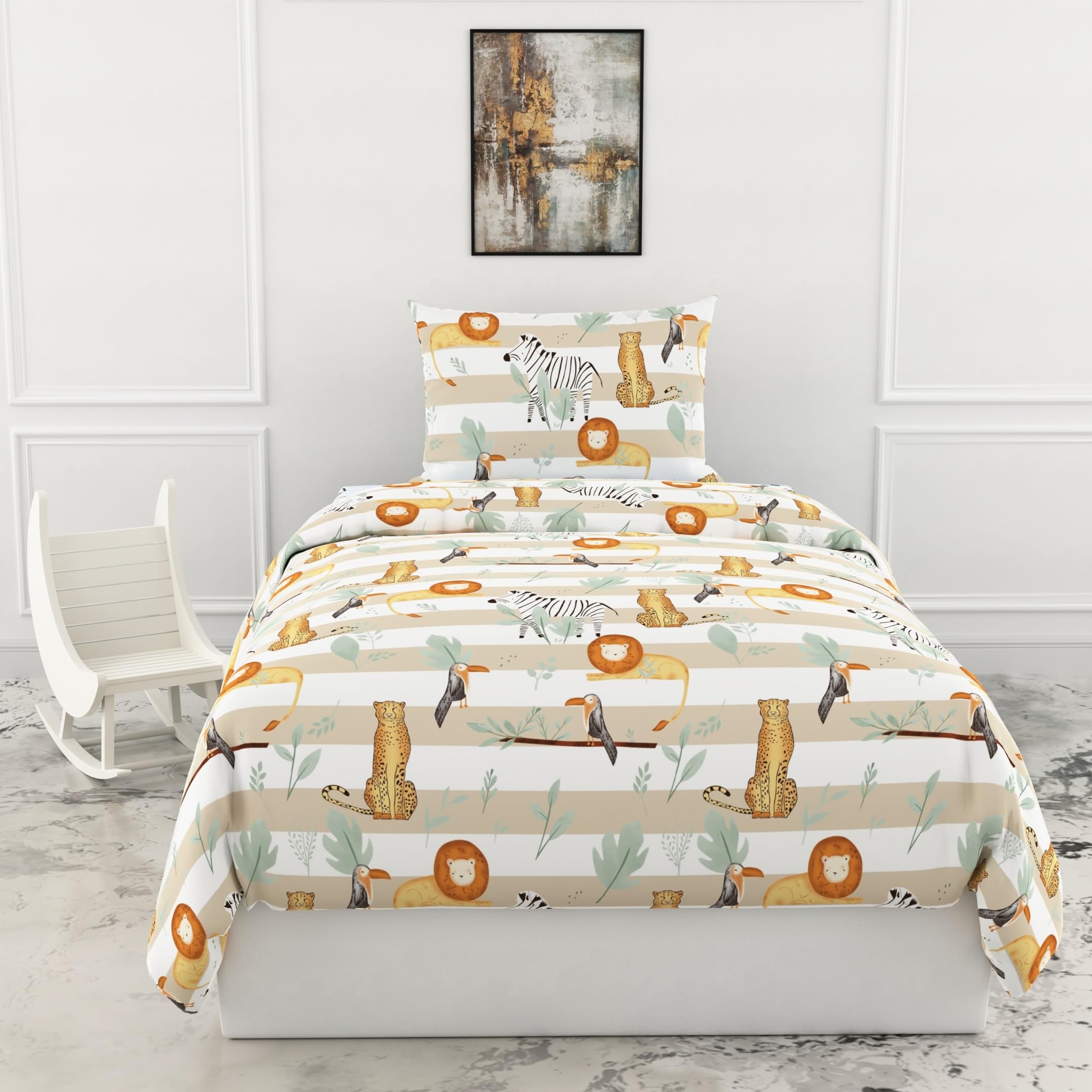 LORETO - A QUALITY LINEN BRAND 100% Pure Cotton Bedsheet for Single Bed, 144TC Soft & Breathable Single Bed Sheet with Pillow Cover (Jungle Beige & Green Adventure, 54 x 84 Inches)