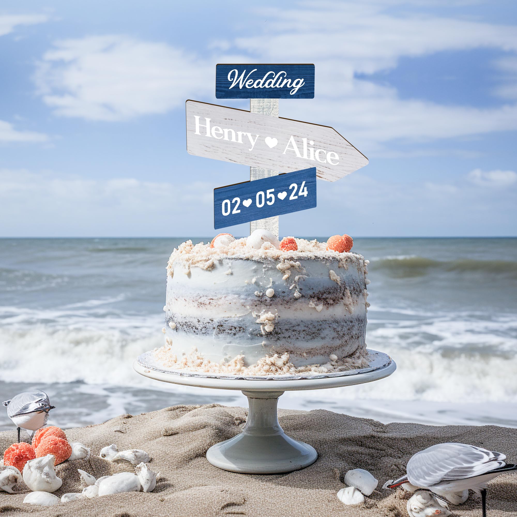 Party to Be Personalized Ocean Themed Wedding Cake Topper in Wood Custom Bride & Groom Names Initials Wedding Date Cake Decoration (Navy) — image 1