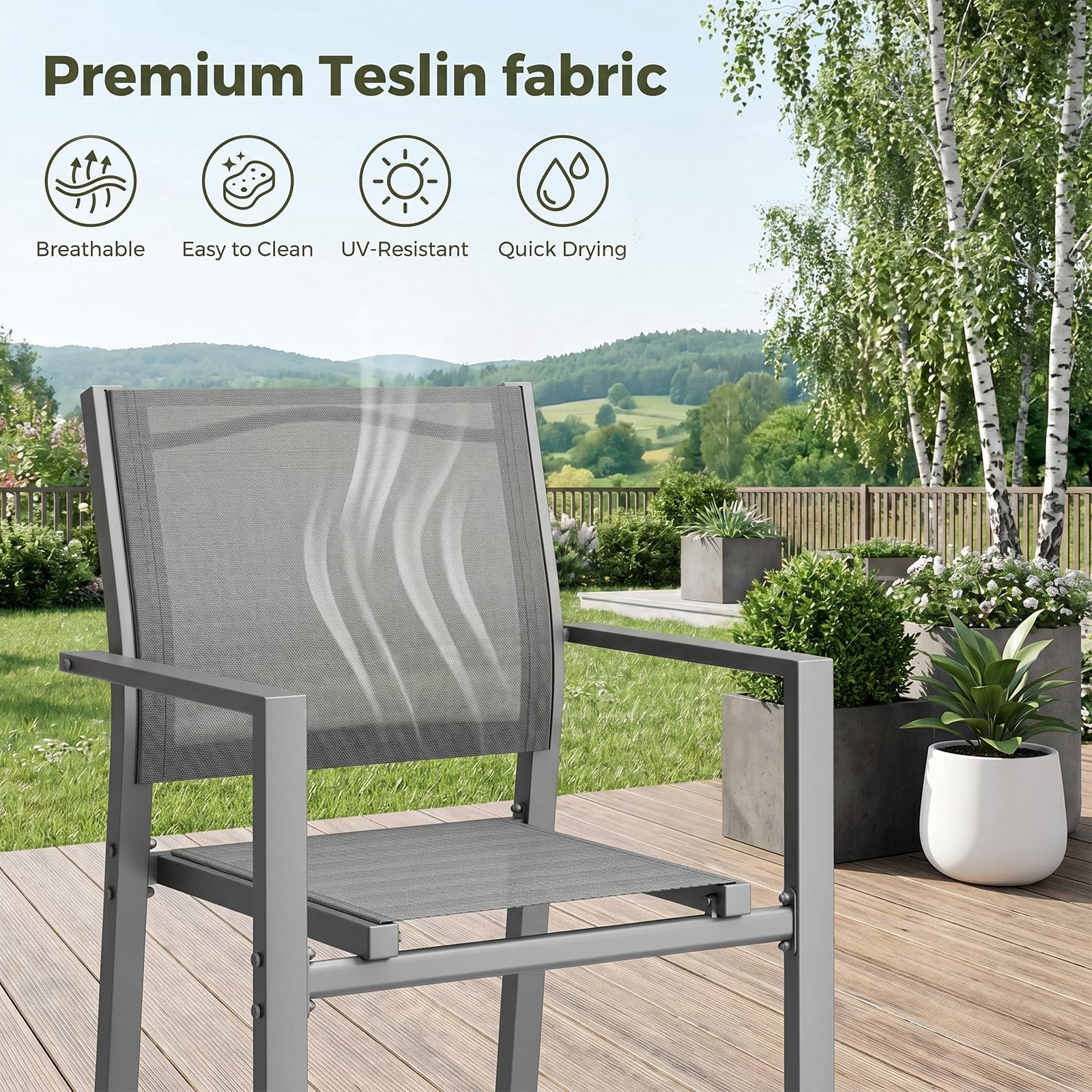 LIFERUN Juego de 6 sillas de jardín apilables Teslin y Estructura de Metal, sillas de balcón, sillas de Comedor para Exteriores, para terraza, jardín, Piscina, hasta 120 kg, Gris, 6 pcs | Teslin - Silla de jardín con estructura de metal (120 kg, transpira