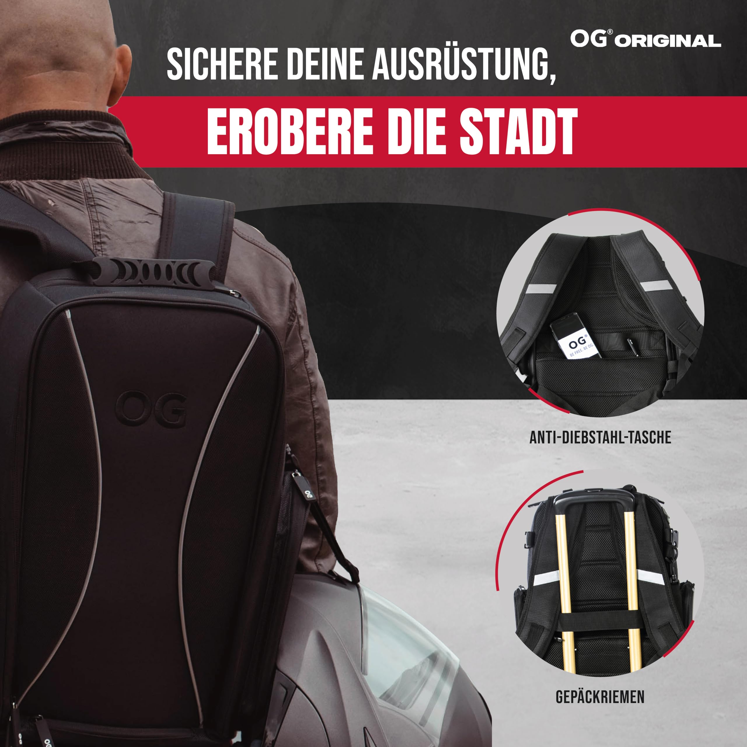 OG Original Motorrad Rucksack GO Schwarz Wasserdicht, 20L, Motorradhelm-Tasche, Helm-Trageriemen, Biking, Mann, Laptop-Fach, Reflektierend, Anti-Diebstahl