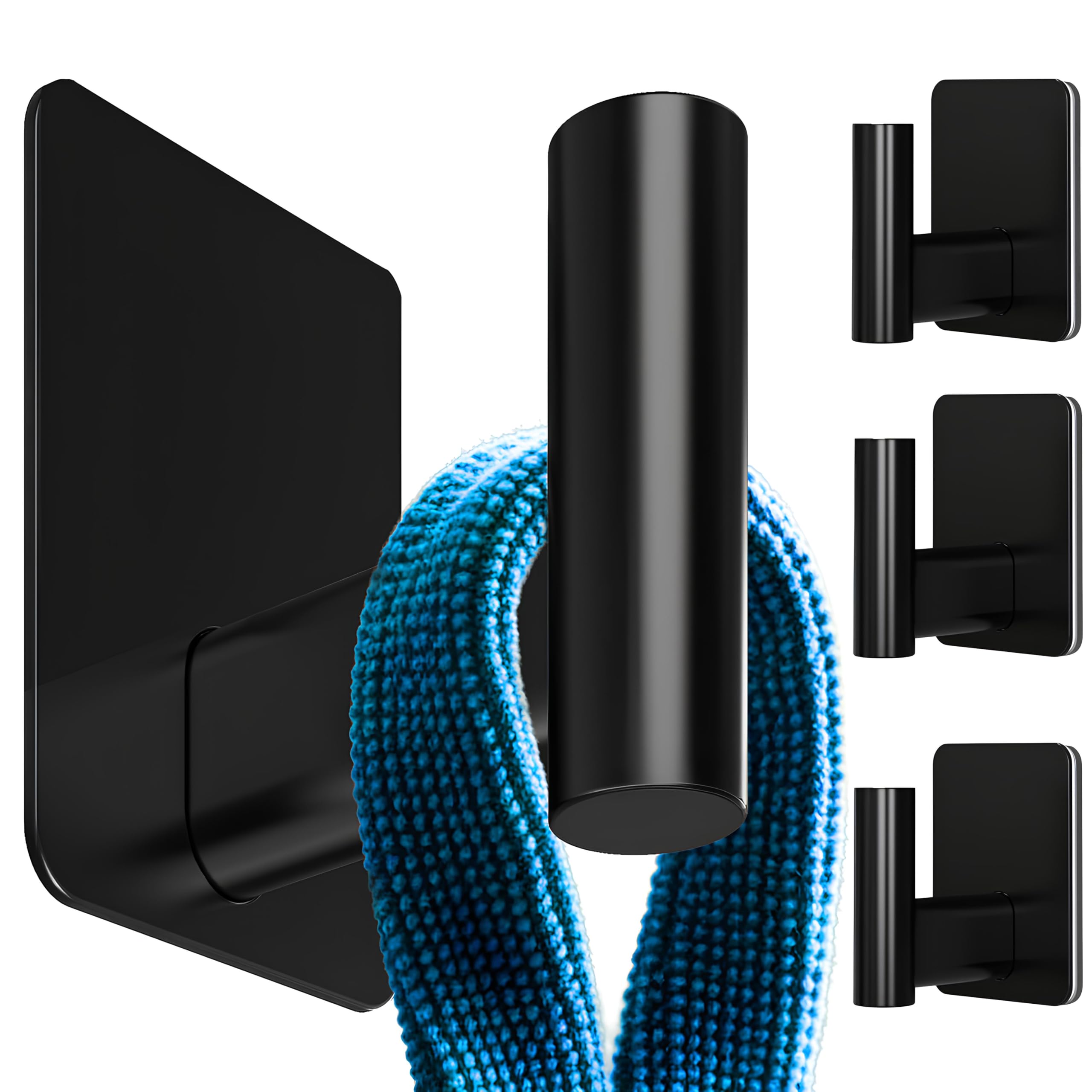 Menz Extra-Large Self Adhesive Hooks 4 Piece Black – 3M Heavy Duty Stick on Hooks, Waterproof Bathroom & Towel Hook, 2 Installation Options (Adhesive/Nail) for Kitchen, Closet, Door & Home