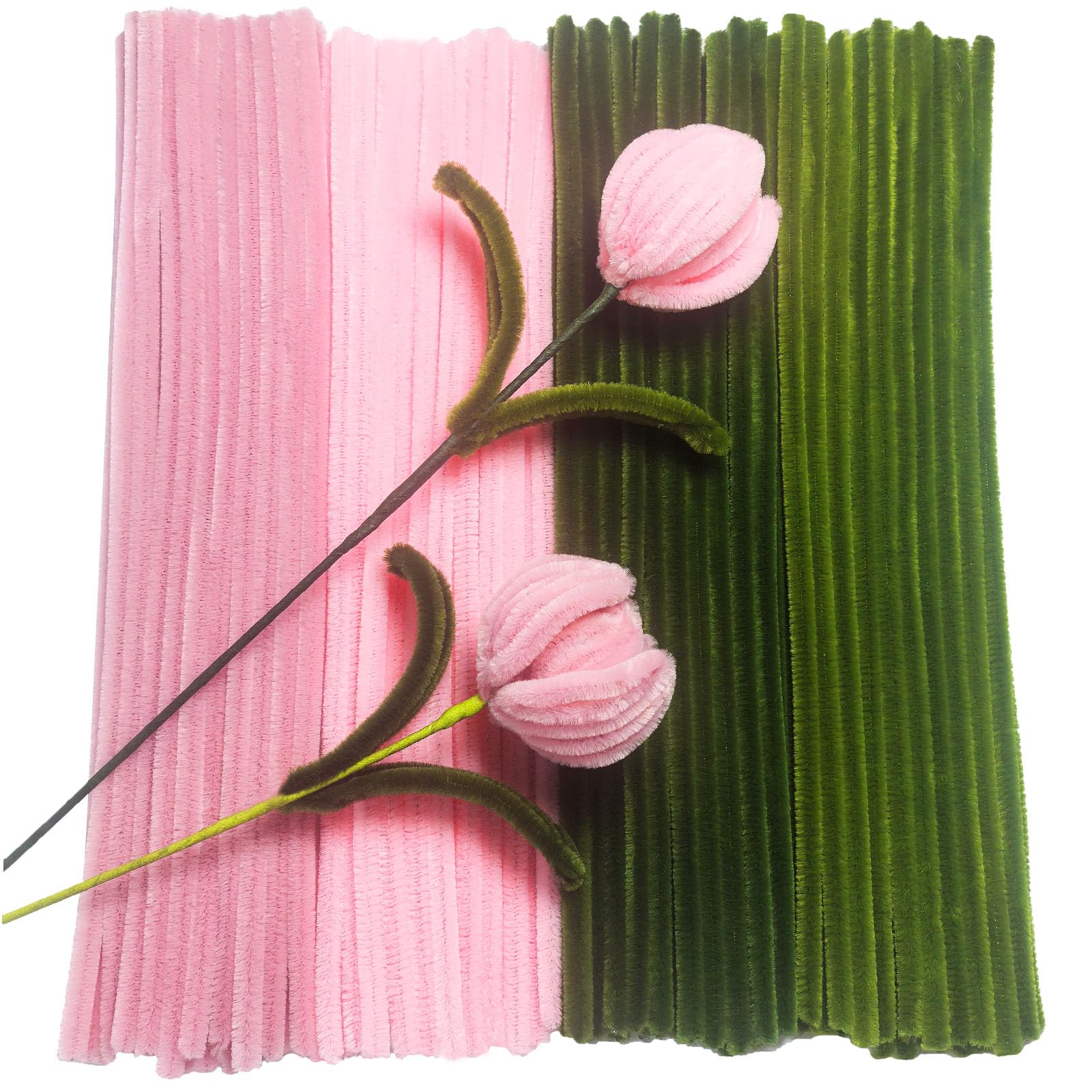 FANGZIDM 200 Stück Pfeifenreiniger Grün Rosa 300x6mm, Pfeifenputzer zum Basteln Kreative DIY Weihnachtsbaum Blumen Tier Dekorationen