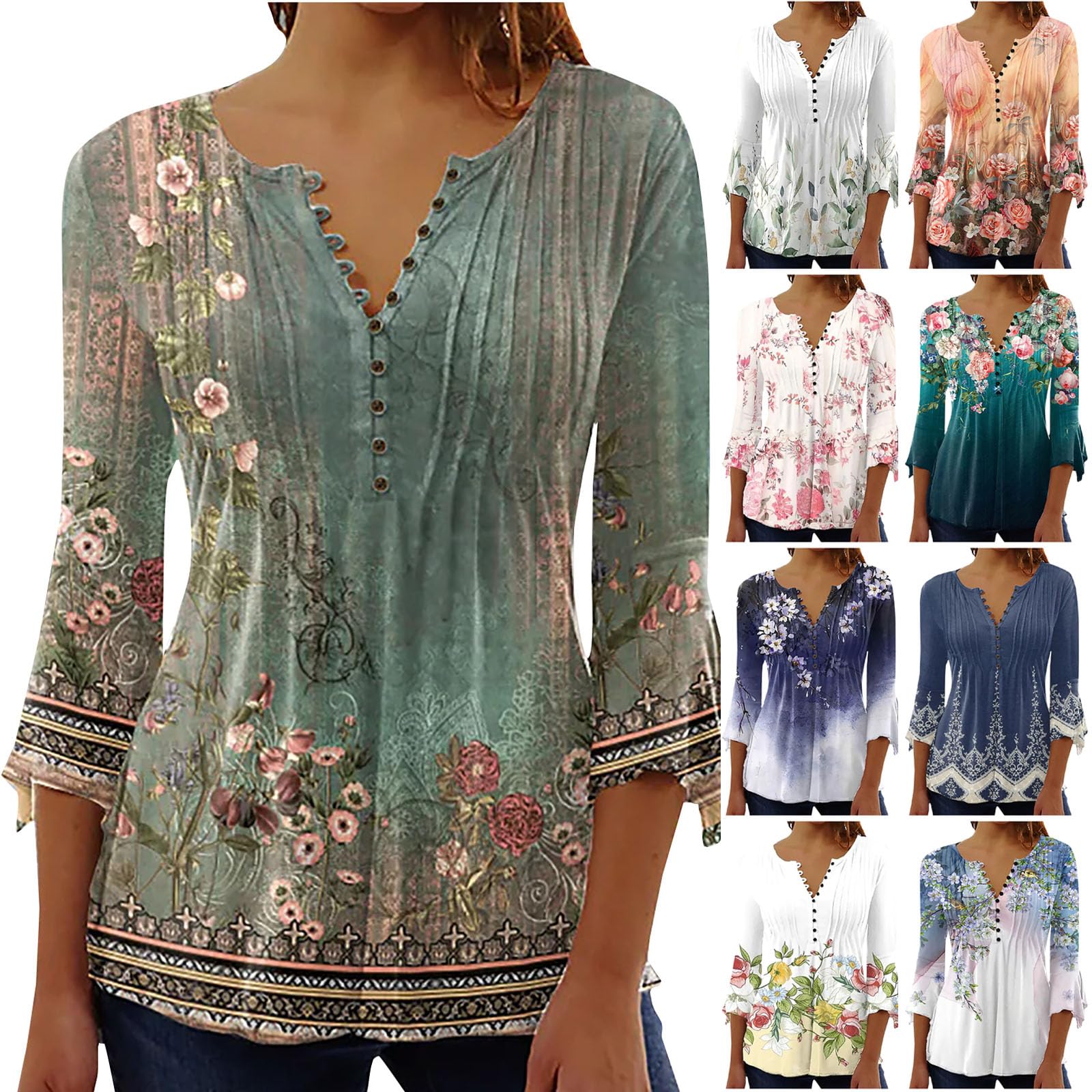 StessotudoWomens Fall Tops 2023 Casual 3/4 Sleeve V Neck Floral Print Shirts Buttons Ruffle Ethnic Style Trendy Blouses