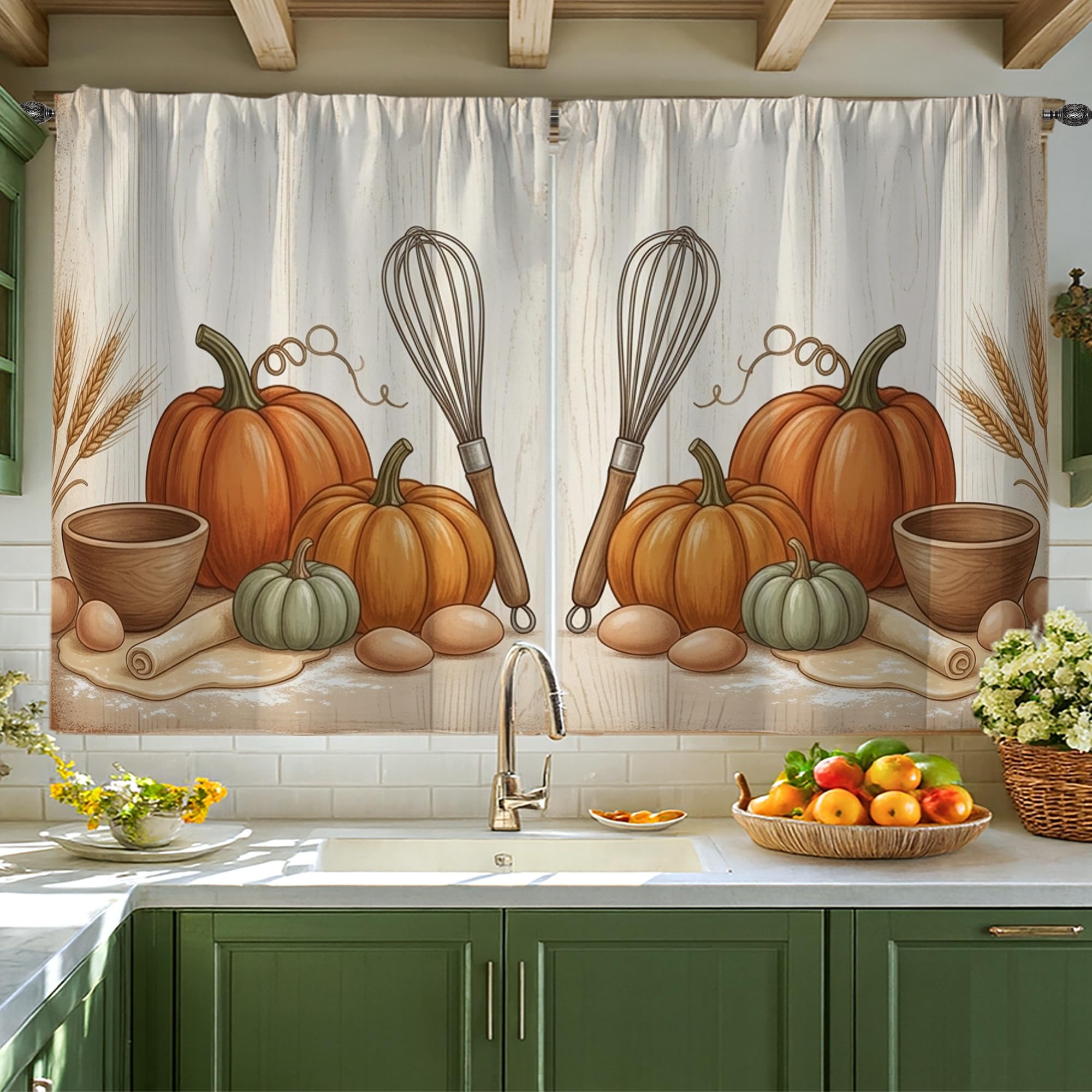 Rideaux de cuisine rustiques orange motif fouet et citrouilles d'automne