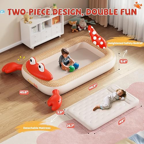 Miniatura 2 de CoziBB Cama de viaje inflable para niños pequeños, cama de viaje portátil con colchón flocado, almohada integrada y bolsa de transporte, parachoques