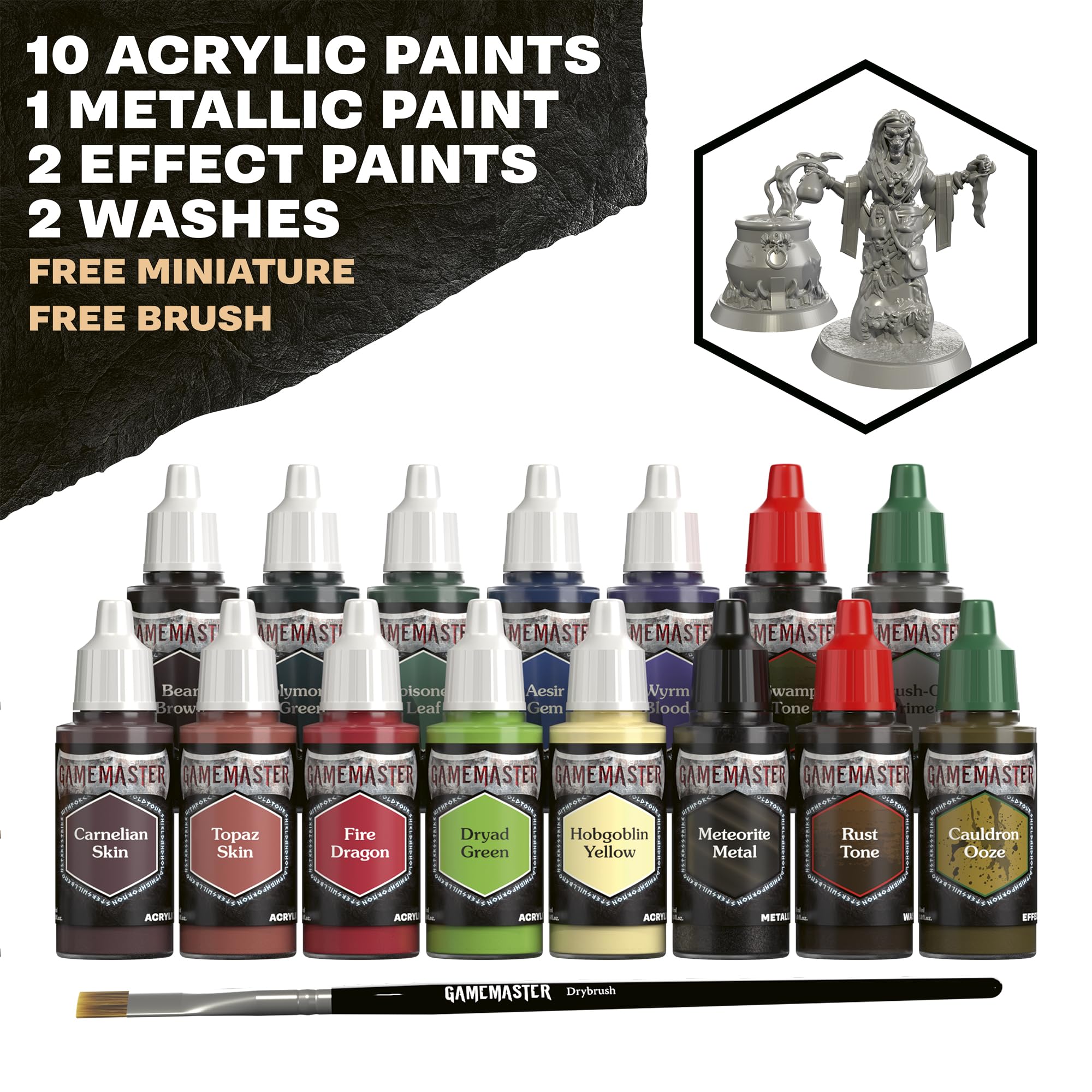 The Army Painter, GameMaster: Wilderness Adventures Paint Set, 15 x 18 ml | Farby akrylowe Warpaints Fanatic, w tym 1 pędzel do suchego malowania i 1 plastikowa figurka Hag