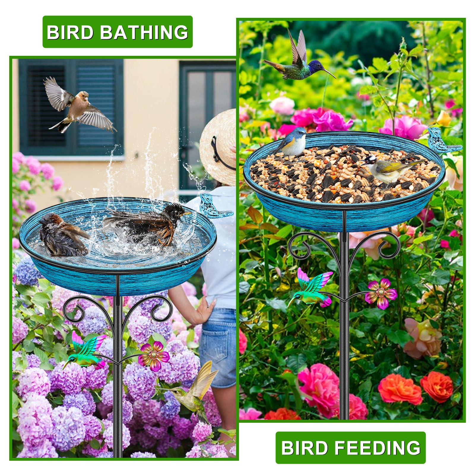 Vogeltränke Stehend aus Metall, Vogelbad für Draußen Garten mit 5 Erdspießen und Kolibri-Blumendekor, Mehrfarbige Wassertränke und Futterstelle für Vögel(Altblau)