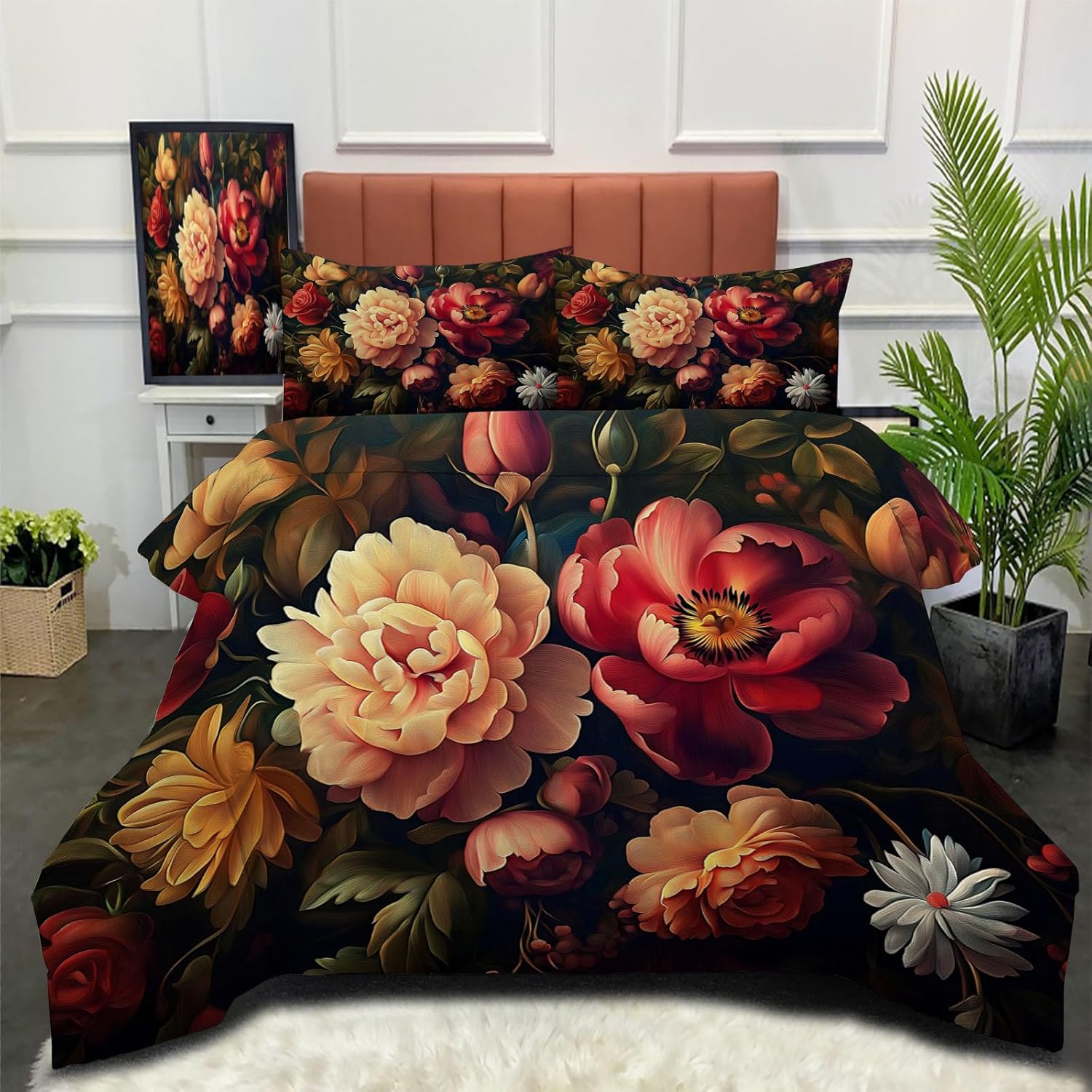 3D Beautiful Rose Bouquet Comforter Set King Size Bedding Set Ancient Flower Oil Painting All Season Down Comforter Printed Quilted with 2 Pillow Shams for Kids, Teens, Adults 104 x 90in Pink