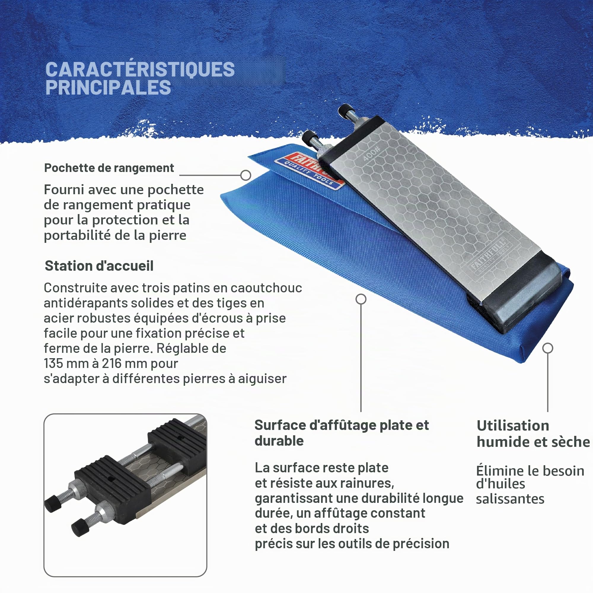 Kit de pierre à aiguiser diamantée double face Faithfull – Pierre à aiguiser avec station d'accueil et étui de rangement, grain 400 g / 1000 g pour ciseaux, fers de rabot et lames – 200 x 70 mm