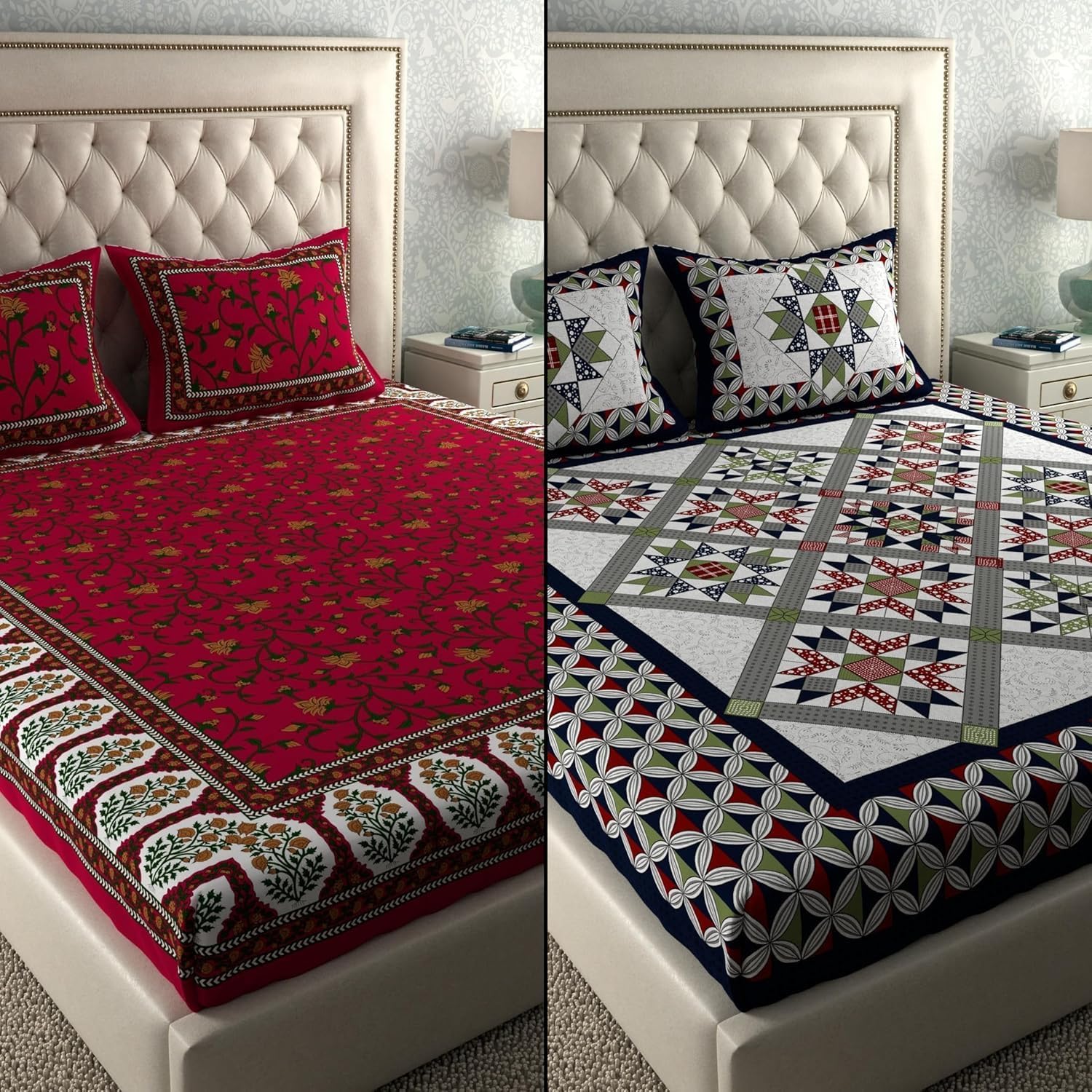 Jaipuri Cotton Bedsheets - 2 Double Sets with Pillow Covers -20