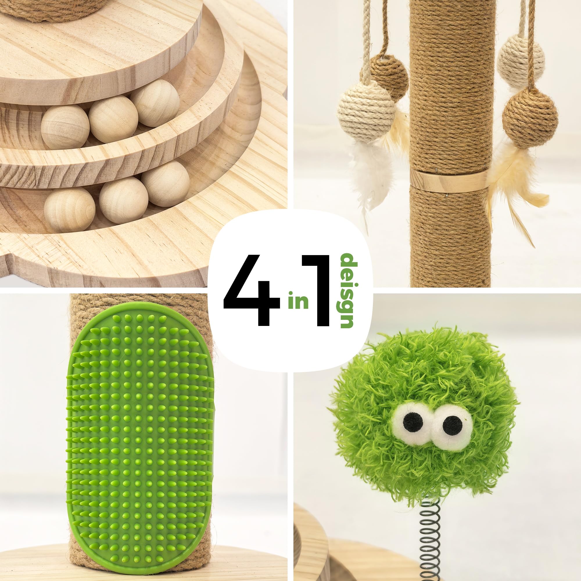TINYBEAST Kratzbaum aus Holz, 4 in 1 Katzenkratzspielzeug mit Katzenballschienen, 63 cm hoher Sisal-Kratzbaum für Indoor-Kätzchen, erwachsene Katzen, interaktives Federspielzeug und 4 Sisal-Bälle zum