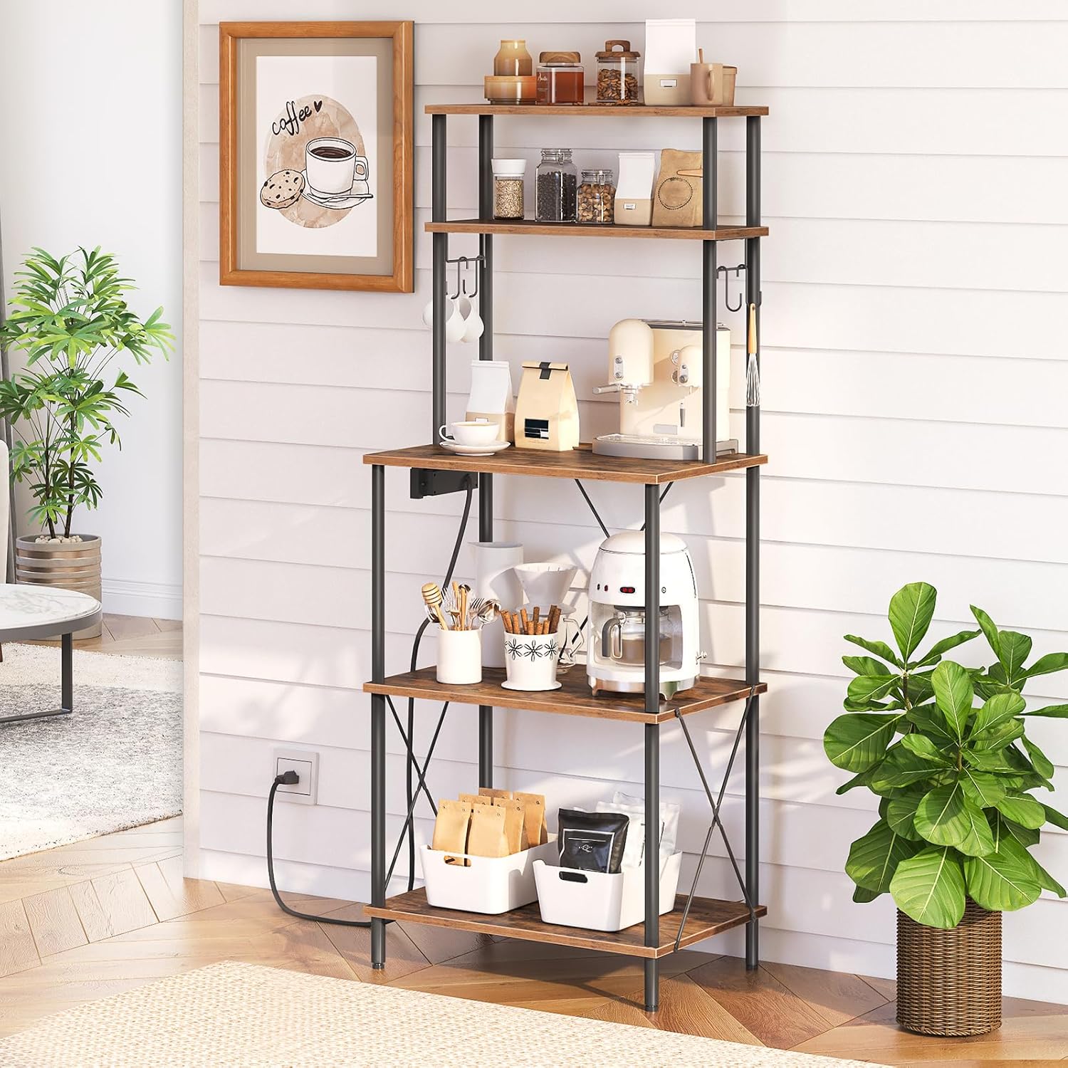HOOBRO Kitchen Bakers Rack with Power Outlets, 5-Tier Microwave Stand, Coffee Bar Table with S-Shaped Hooks, Kitchen Storage Rack for Living Room, Dining Room, Rustic Brown and Black BF80UHB01