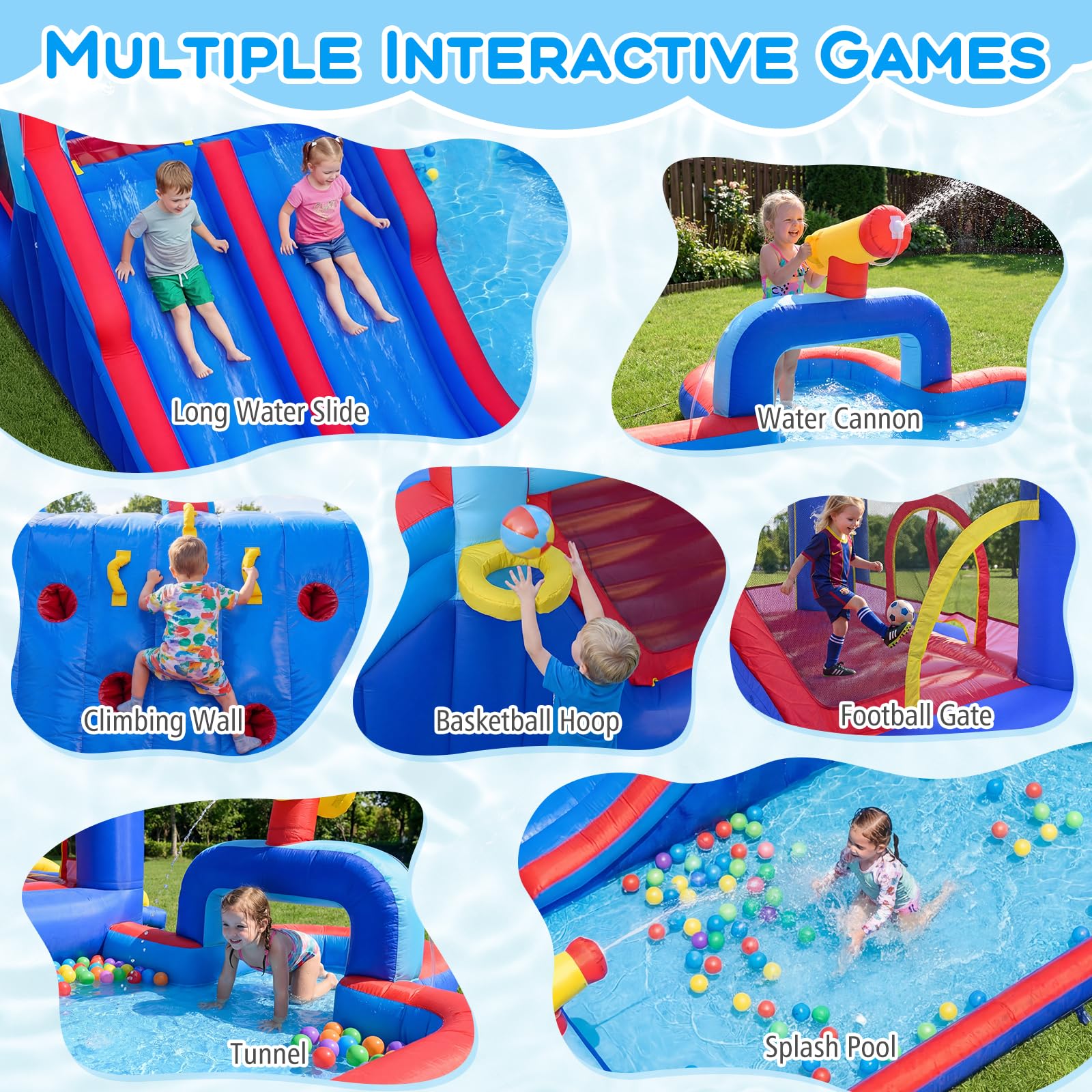 GOPLUS Castillo Hinchable, Castillo Inflable 2 en 1 con Pared de Escalada, Cañones, Piscina de Chapoteo y Tobogán Acuático, Casa de Saltos Infantil para Interior y Exterior, Soplador No Incluido