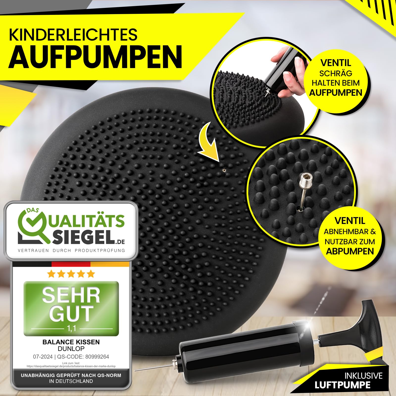 Dunlop Sports Balance Kissen Ball Sitzkissen - für einen stärkeren Rücken in Rekordzeit Premium Balancekissen mit Pumpe 35 x 7 cm orthopädisch über 450 kg belastbar Spezial Noppen, Schwarz