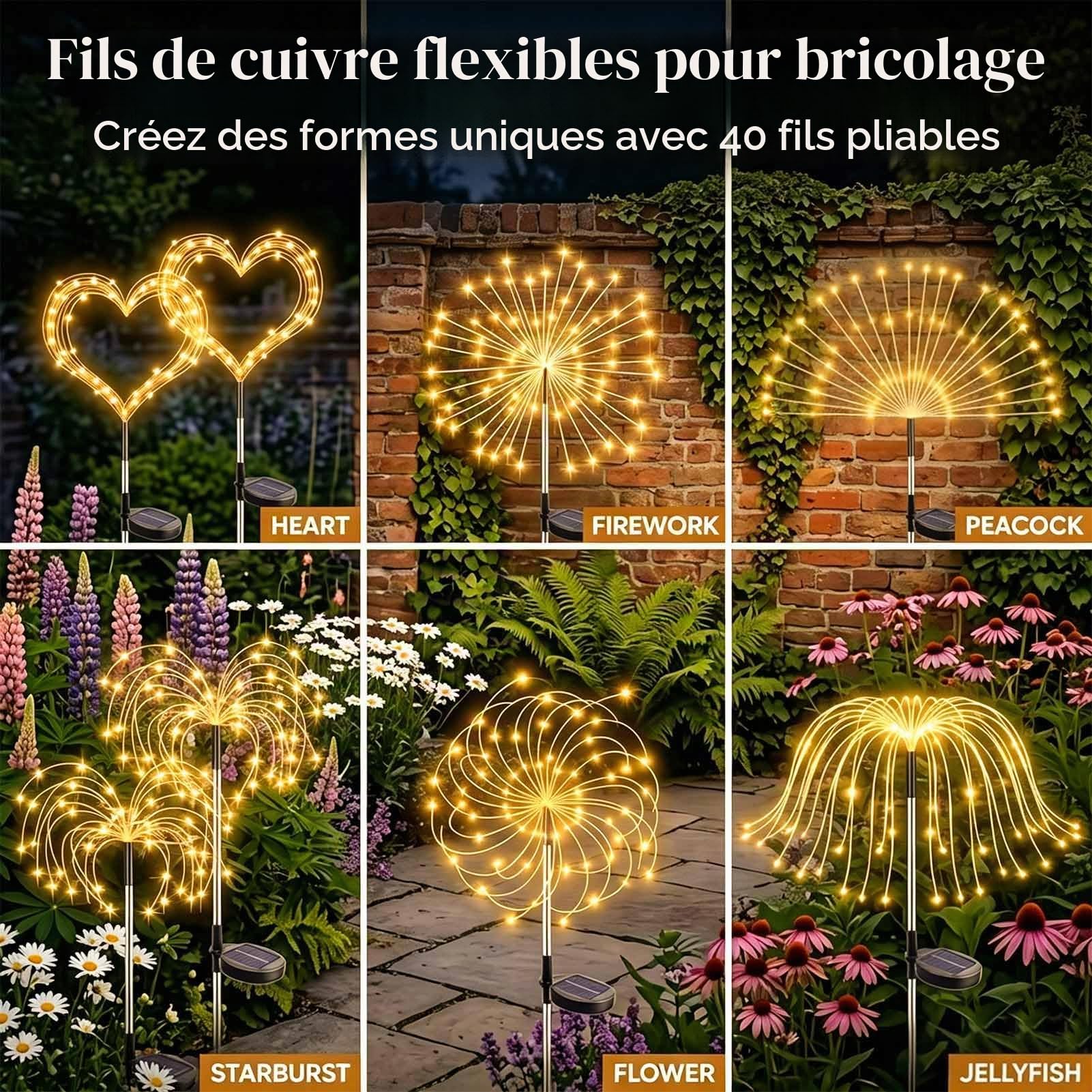 Joycome Lampe Solaire Exterieur 4 Pièces 120 LED Feux d'artifice Solaires | 8 Modes Lumière Solaires Extérieure IP65 Étanche pour Jardin Balcon Allée Terrasse Patio Cours Décoration(Blanc Chaud)