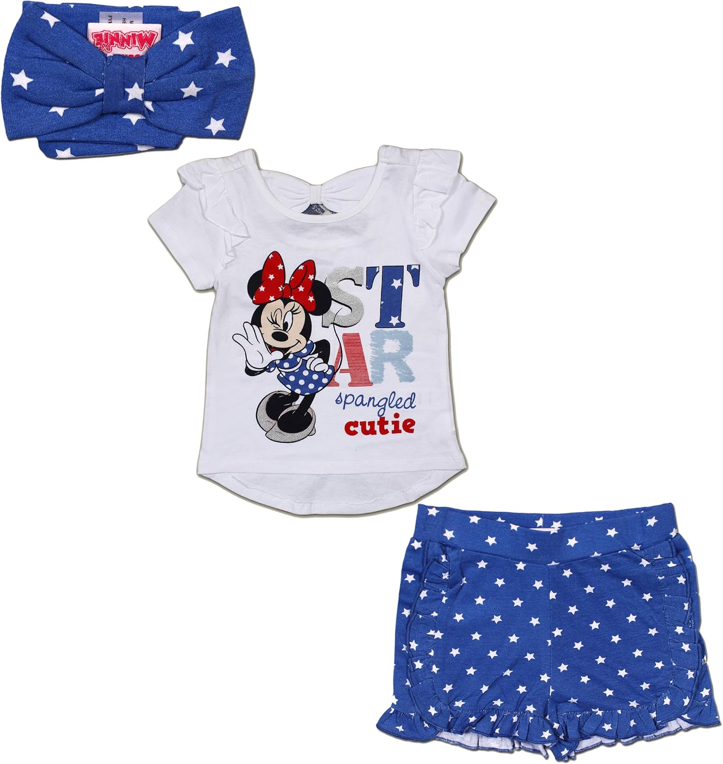 Disney Minnie Mouse Girls T-Shirt, Shorts with Headband Set for Toddler and Little Kids WhiteBlue