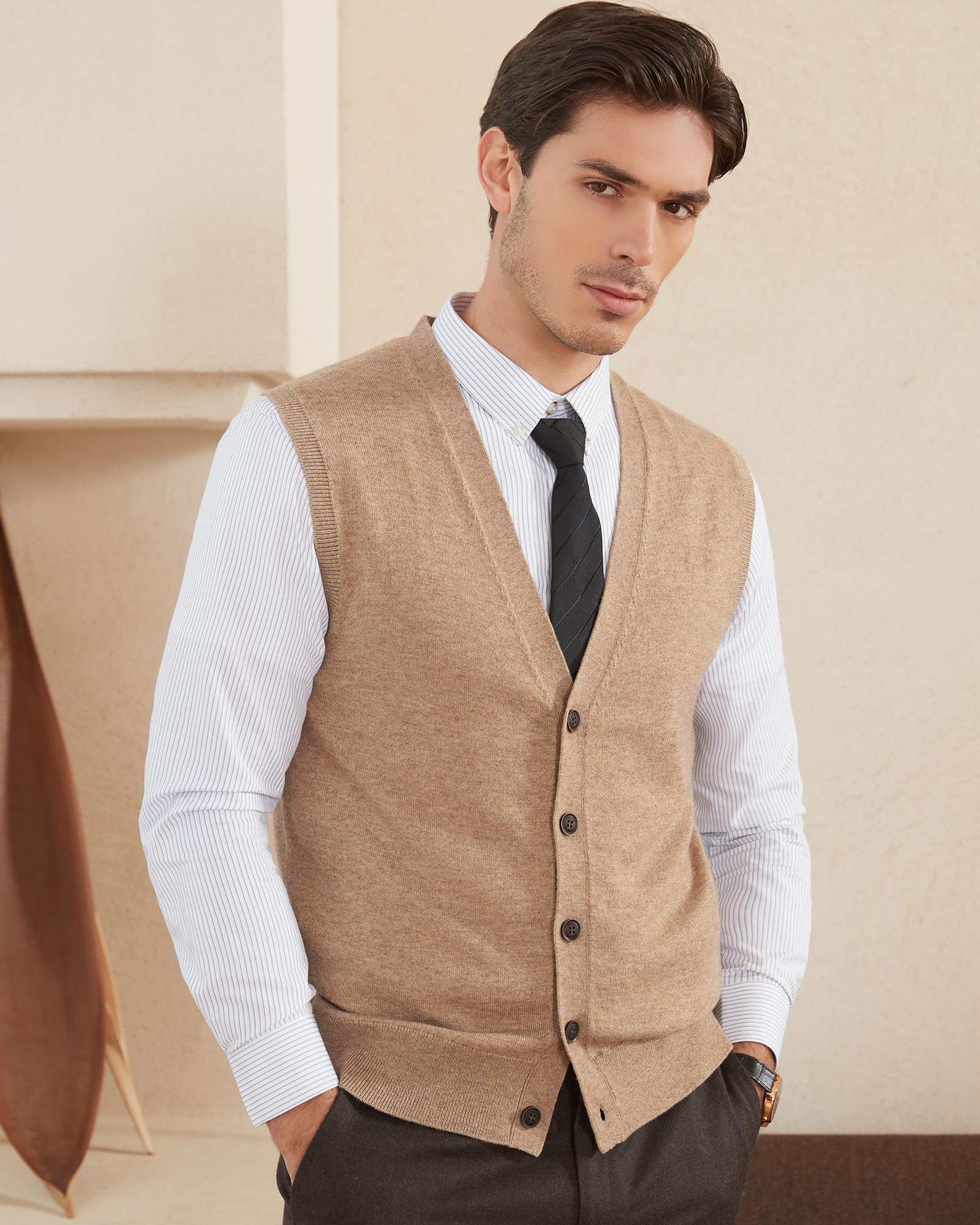 Kallspin Cardigan Homme Mélangé de Laine sans Manches et Col en V Profond Tricoté avec des Boutons
