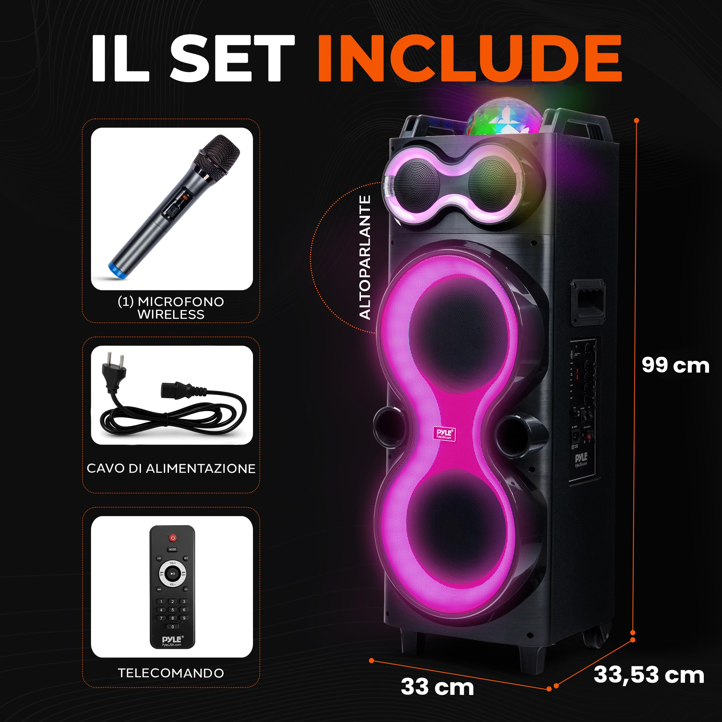 Pyle Cassa Bluetooth Potente 240 Watt, Speaker con Microfono Wireless, Altoparlante Bluetooth Portatile 25 cm, Karaoke, Batteria Ricaricabile, USB/SD/AUX/FM, LED, Esterno/Interno