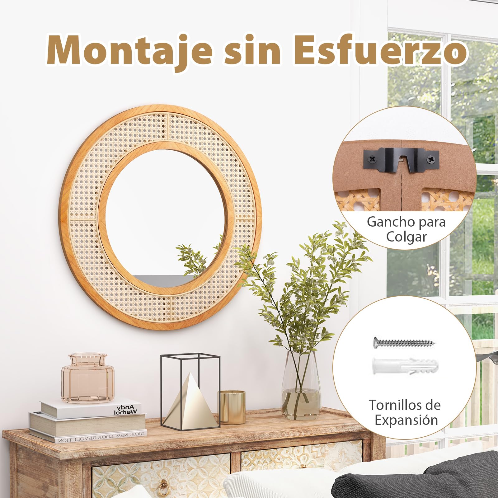 GOPLUS Espejo de Pared de Ratán, Espejo Redondo Bohemio de 65 cm con Marco de Madera, Vidrio de Aluminio, Espejo Decorativo Rústico para Sala, Dormitorio, Entrada, Baño, Instalación Fácil, Natural