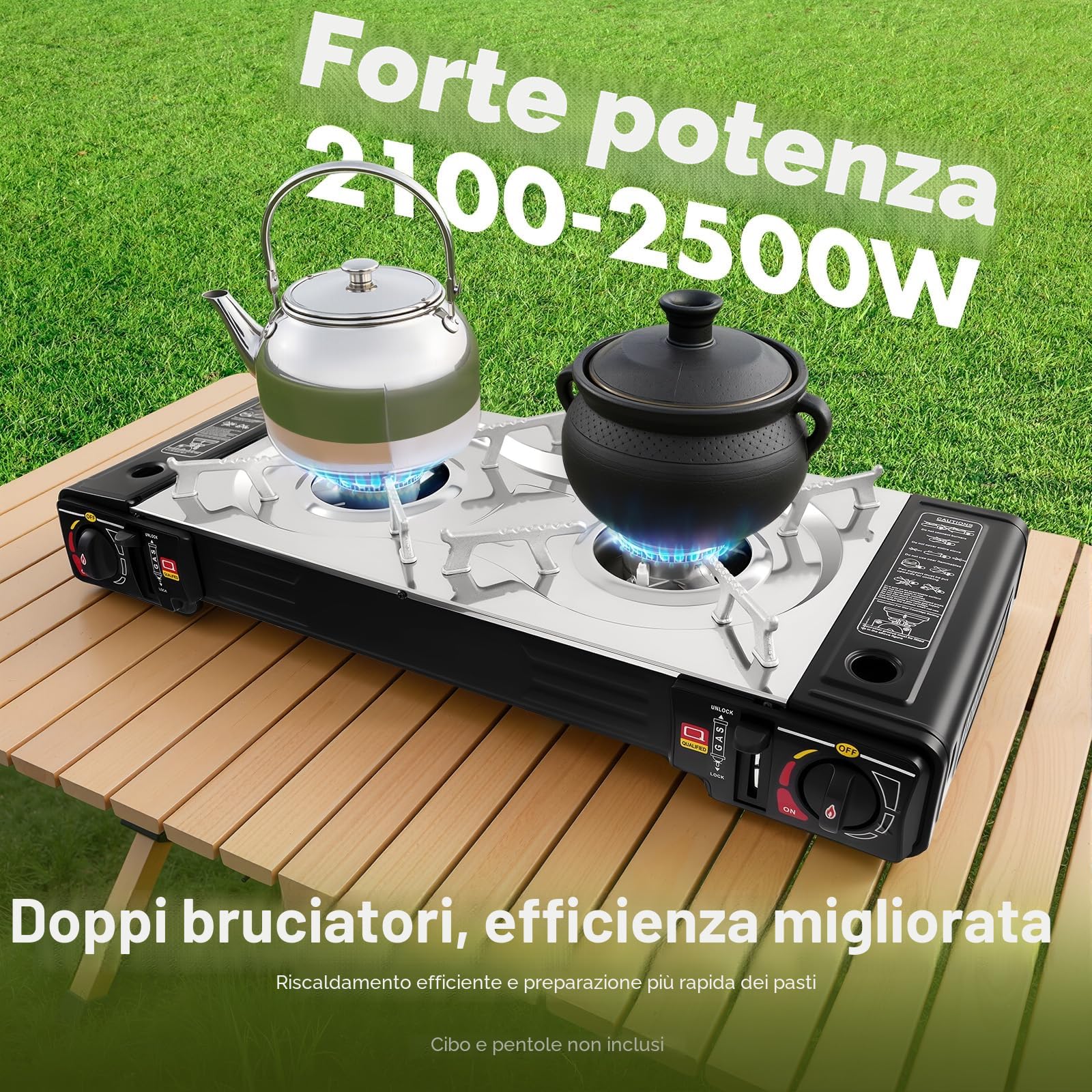 Fornello portatile da campeggio, 2 bruciatori, grill da tavolo con bistecchiera, per esterni, campeggio, giardino, funzionamento a gas