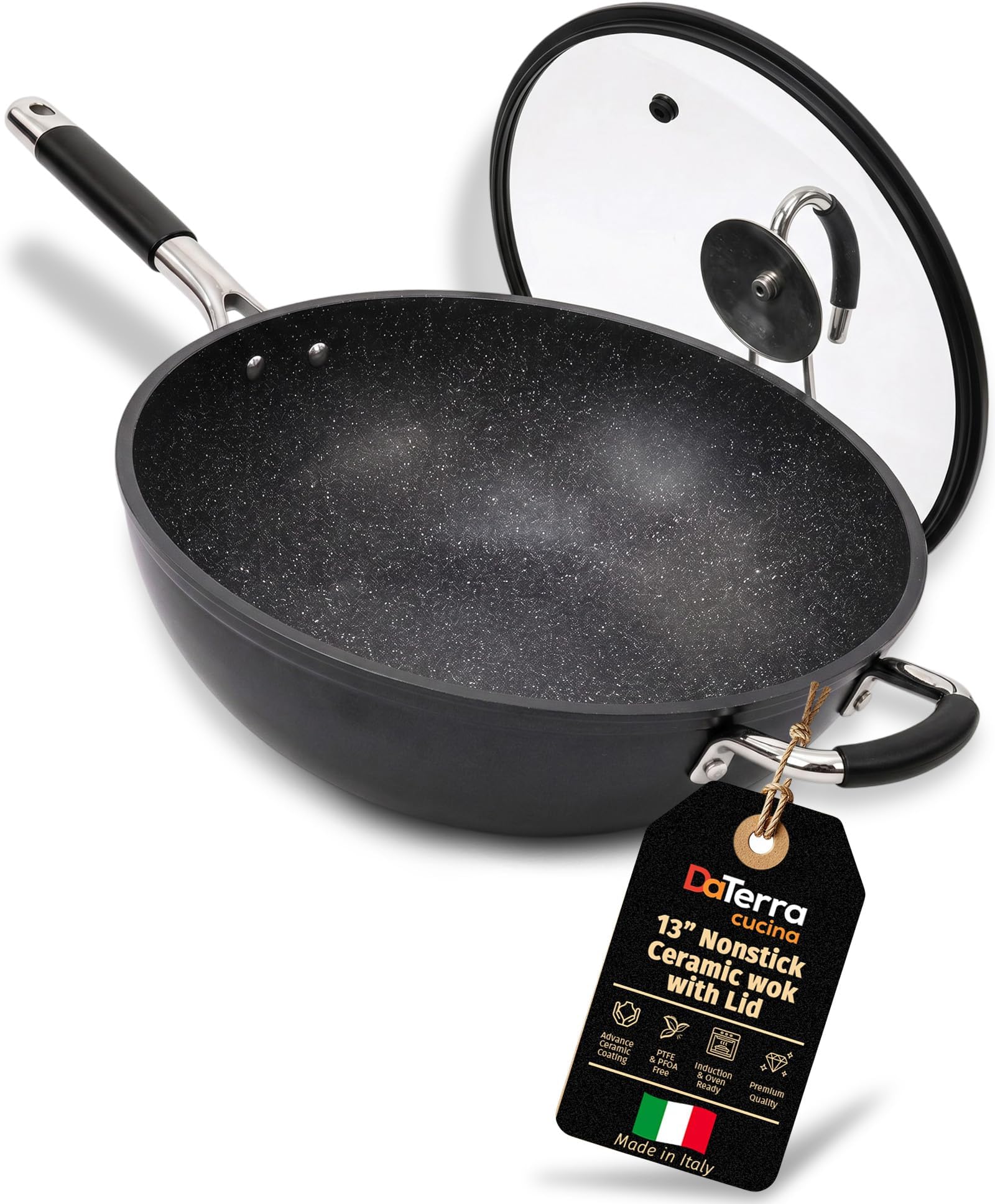 13" Nonstick Ceramic Wok with Lid - Made in Italy - High Heat Resistant Nonstick Cookware - Oven & Induction Safe, PTFE, Cadmium, Lead & PFOA free - Volcanic Black Speckled